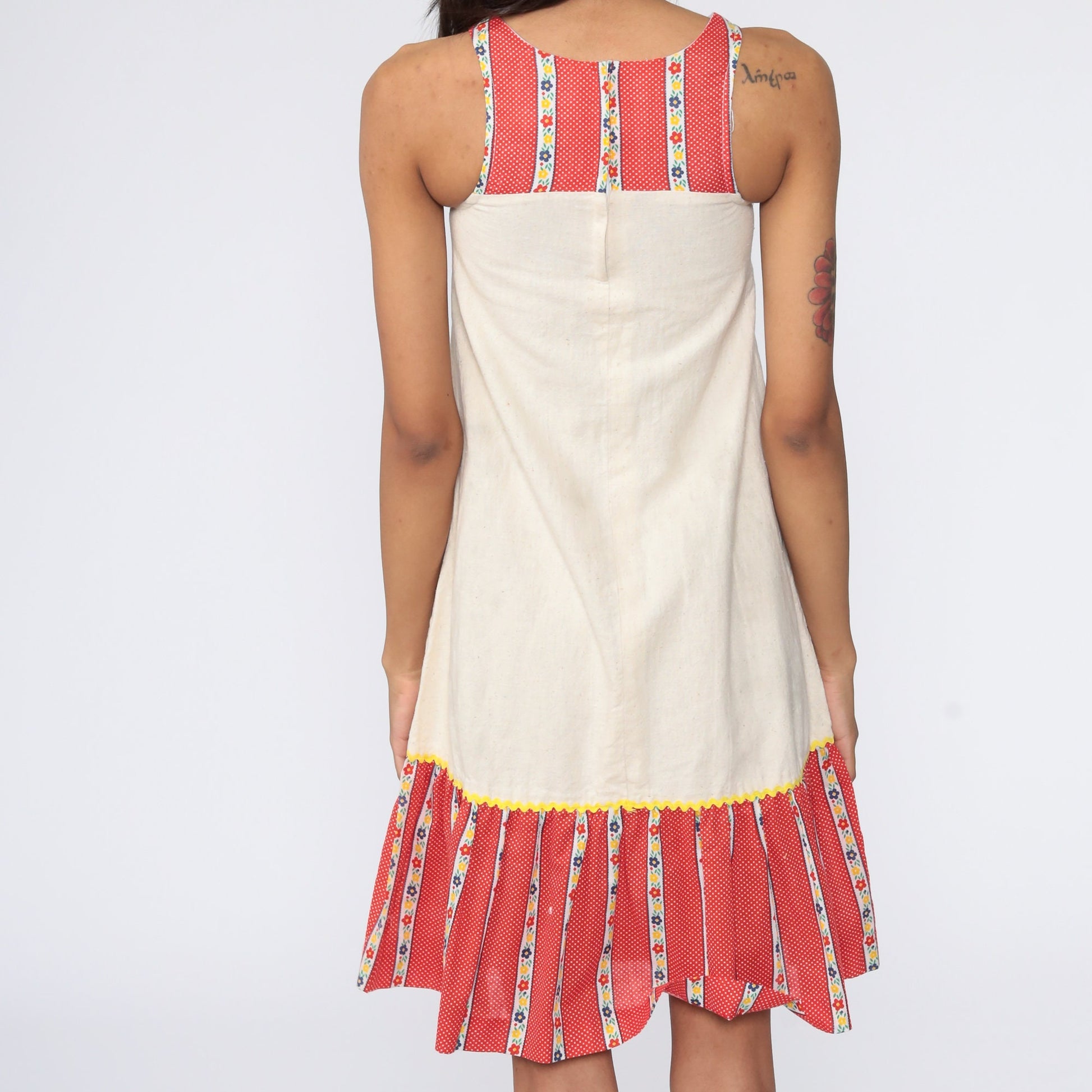 70s Floral Midi Dress Beige Cotton Shift Sleeveless XXS