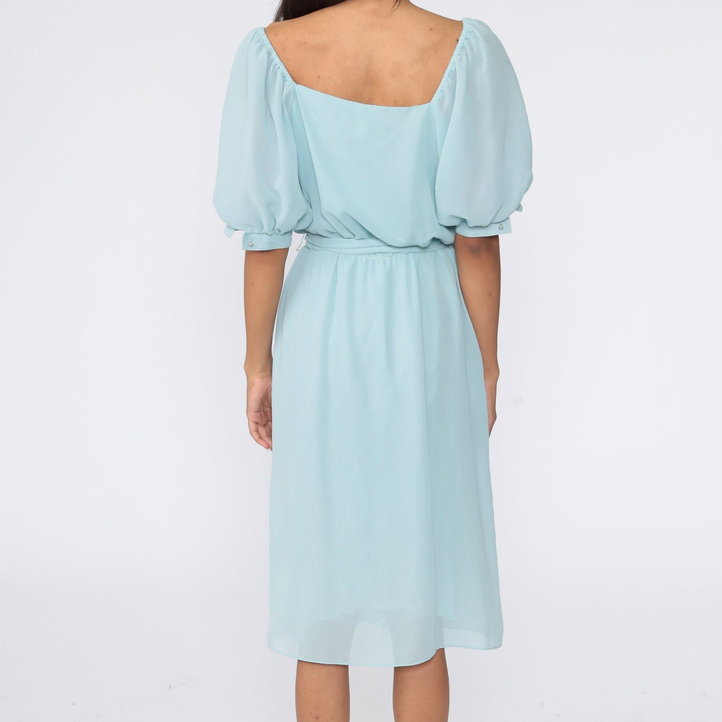 70s Baby Blue Pleated Midi Dress Puff Sleeve High Waist Small
