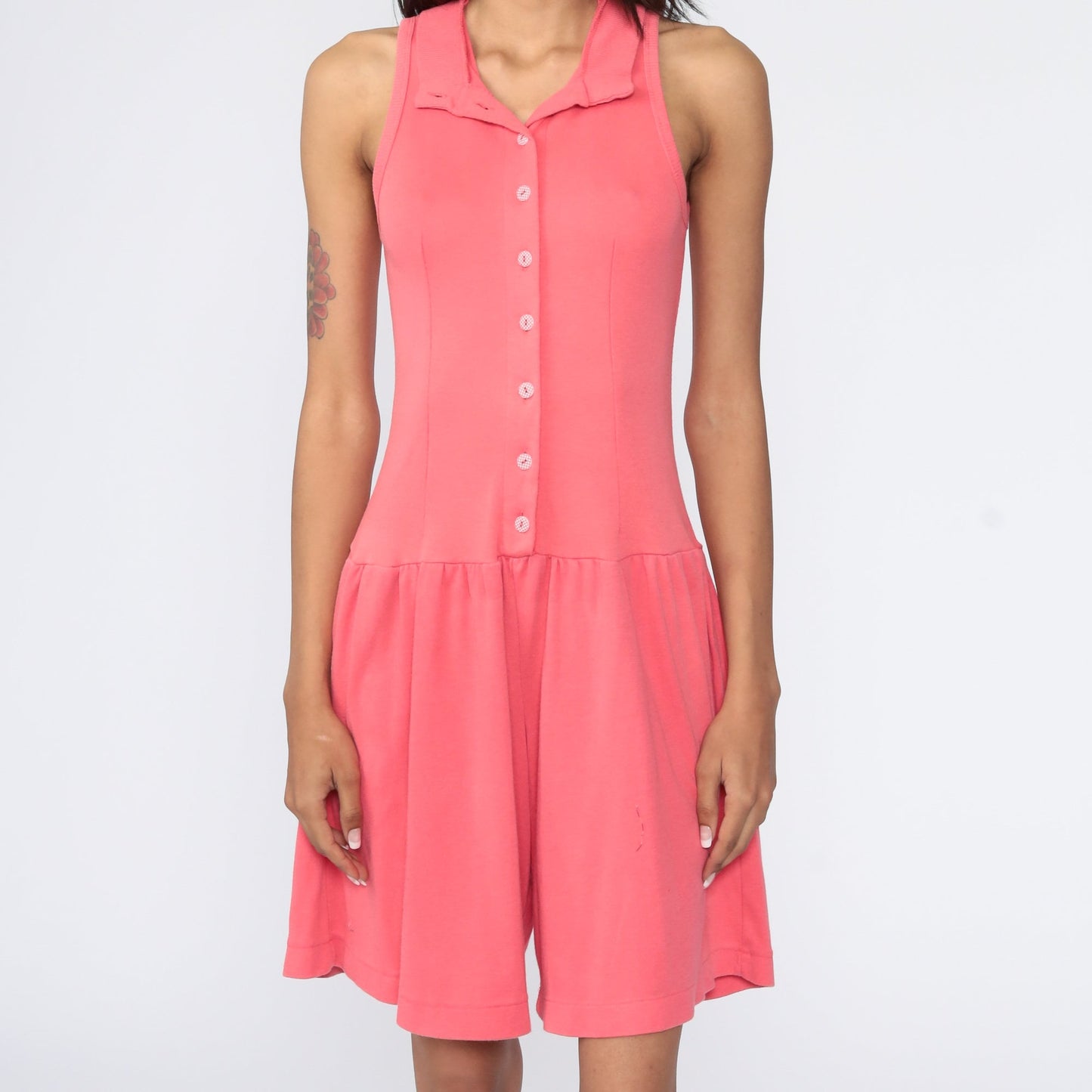 80s Pink Cotton Sleeveless Romper Button-Up High Waist Shorts Extra Small