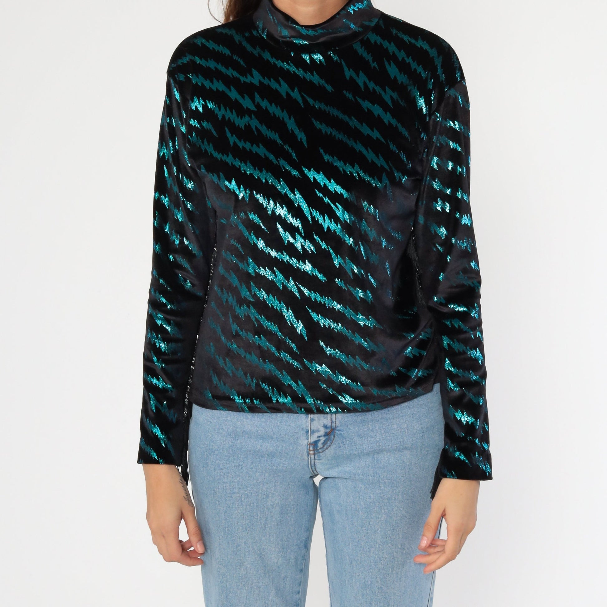 90s Metallic Tiger Print Fringe Turtleneck Y2K Club Shirt Extra Small XS