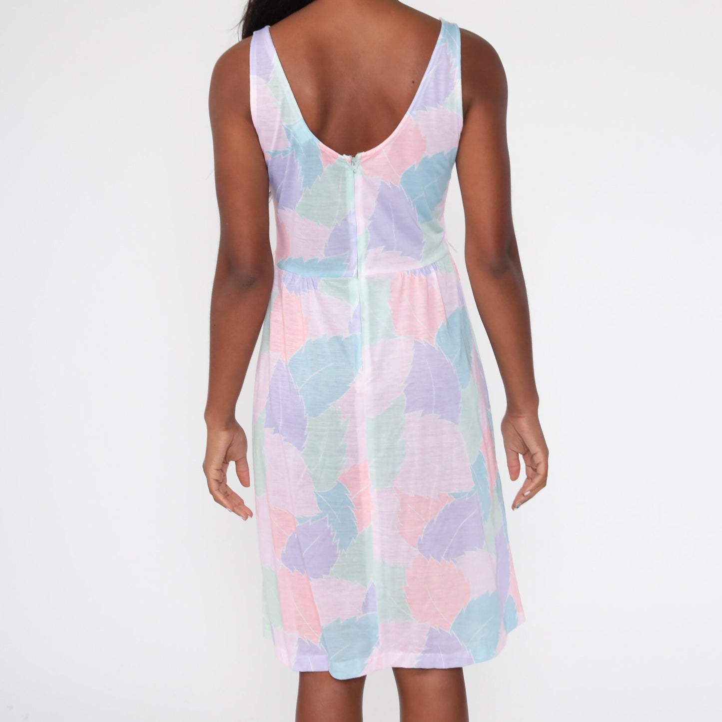 70s Leaf Print Midi Sundress High Waist Tank Pastel Cotton Medium
