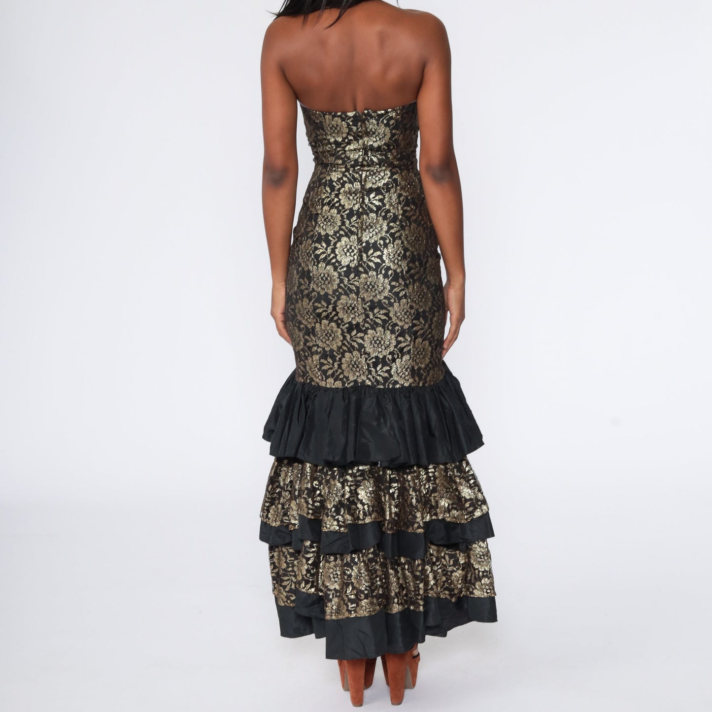 80s Metallic Gold Lace Strapless Mermaid Maxi Dress Sweetheart Neckline Extra Small