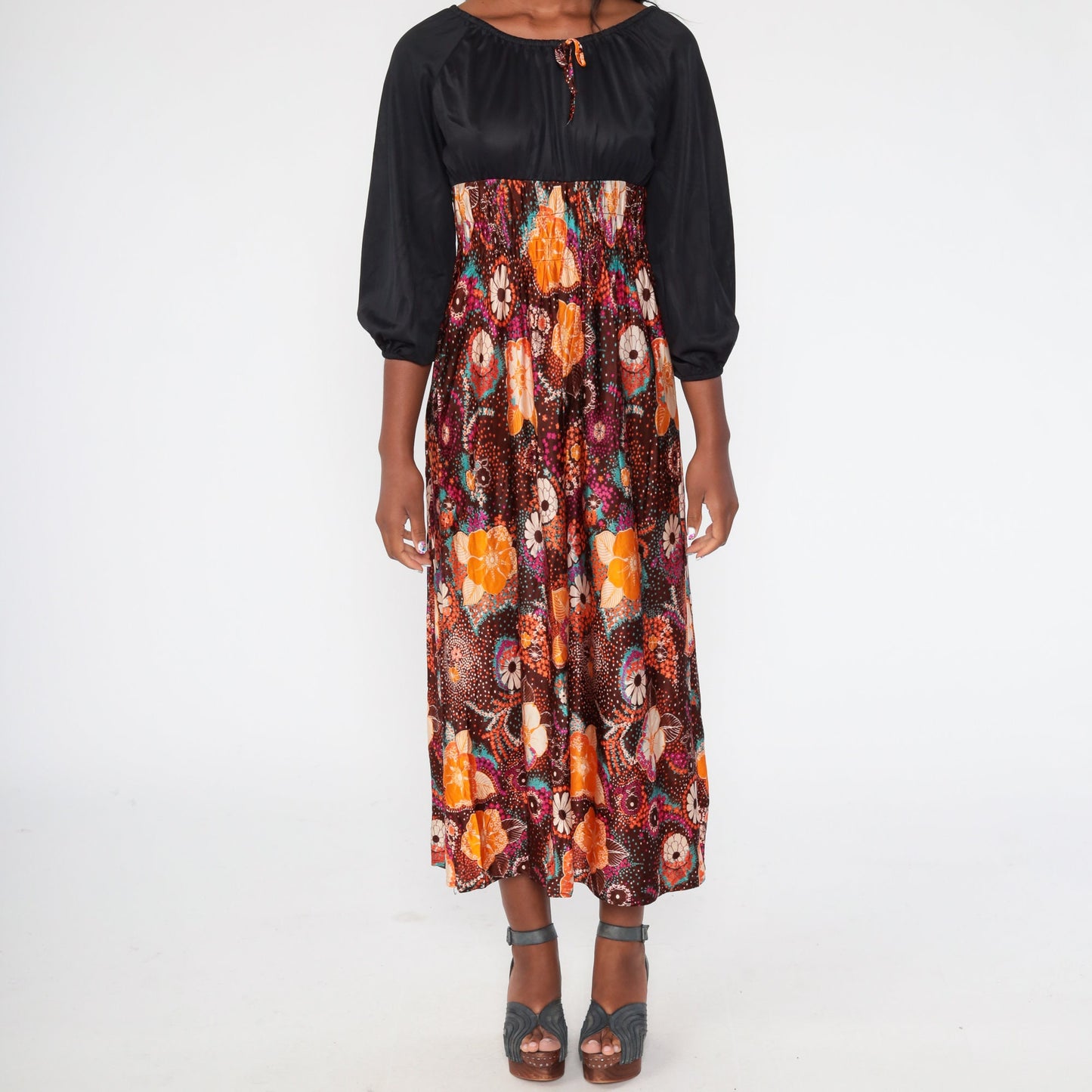 70s Psychedelic Floral Maxi Dress Empire Waist Smocked Black Purple Small