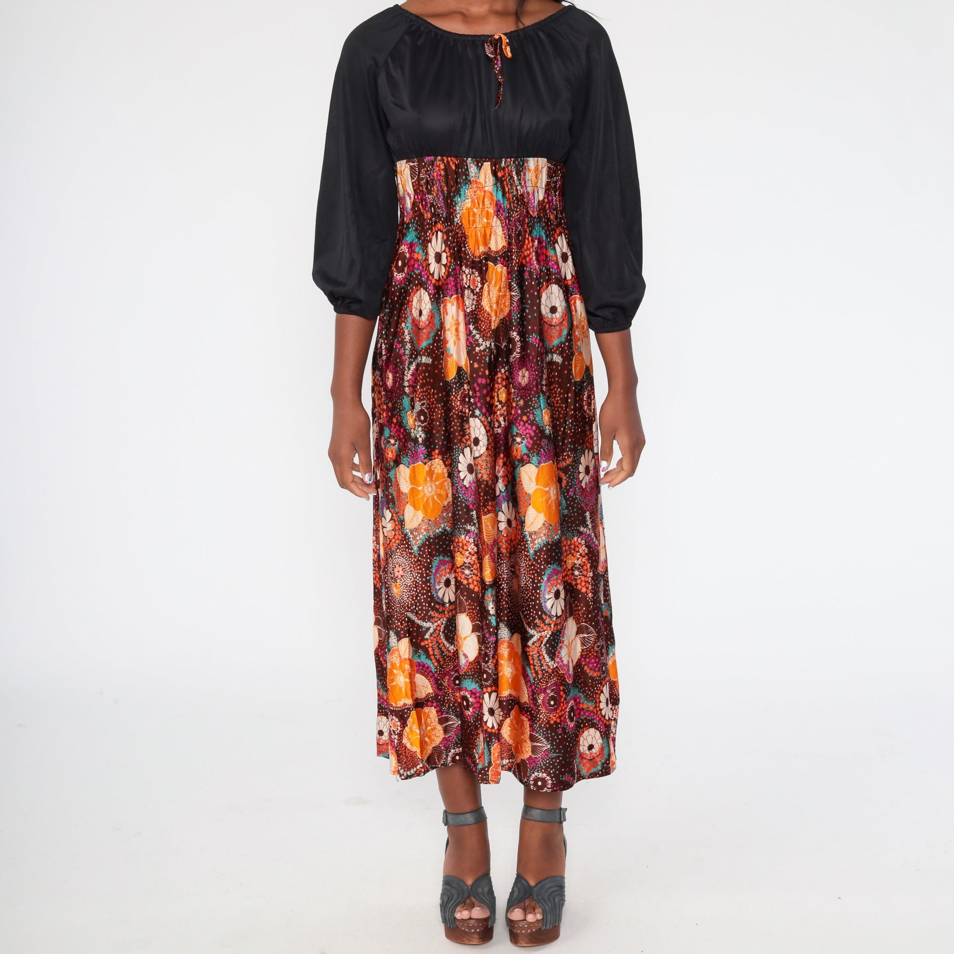 70s Psychedelic Floral Maxi Dress Empire Waist Smocked Black Purple Small