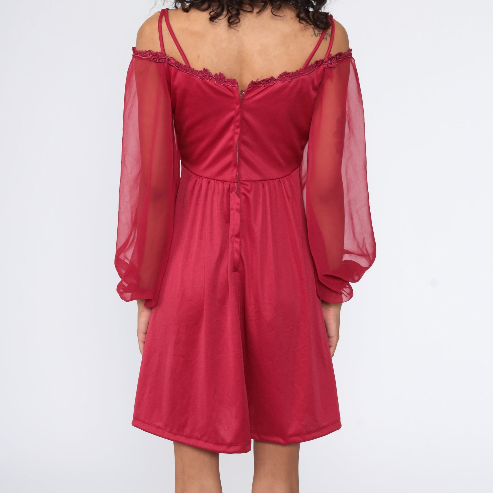 70s Burgundy Mini Dress Off-Shoulder Babydoll Sheer Chiffon Sleeve Extra Small