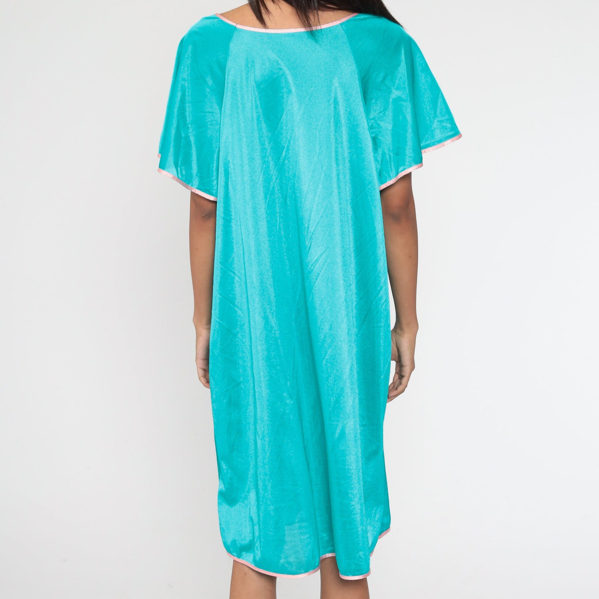1960s Turquoise Nylon Nightgown Pink Ringer Trim Tent Cut Extra Large XXL