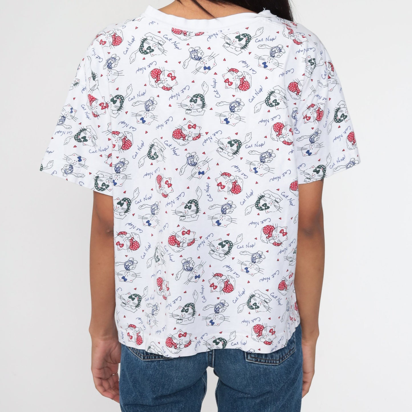 90s Cat Nap Graphic T-Shirt Pink Green Kitten Print Cotton Tee Large L