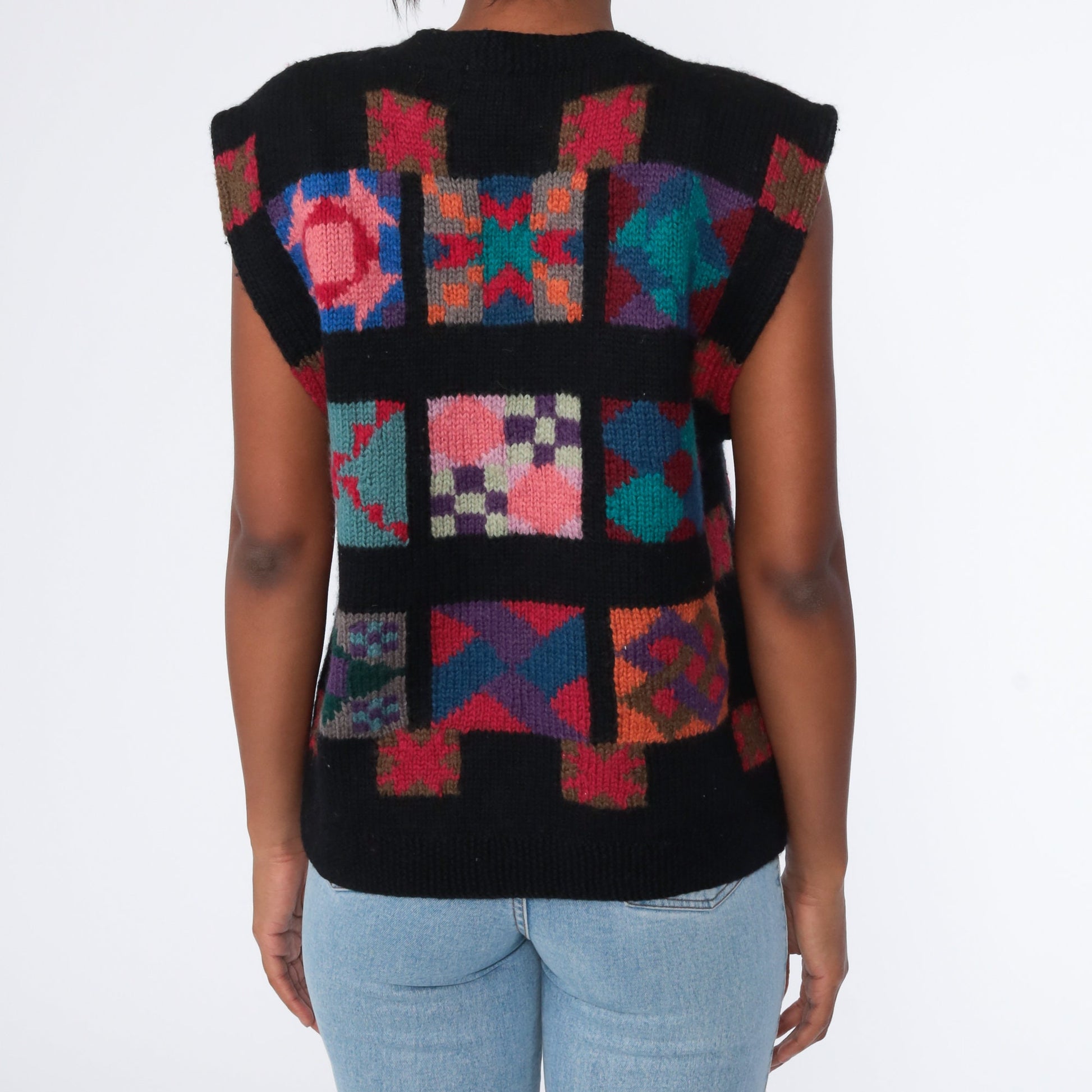LL Bean Wool Quilted Vest 80s Black Southwestern Small
