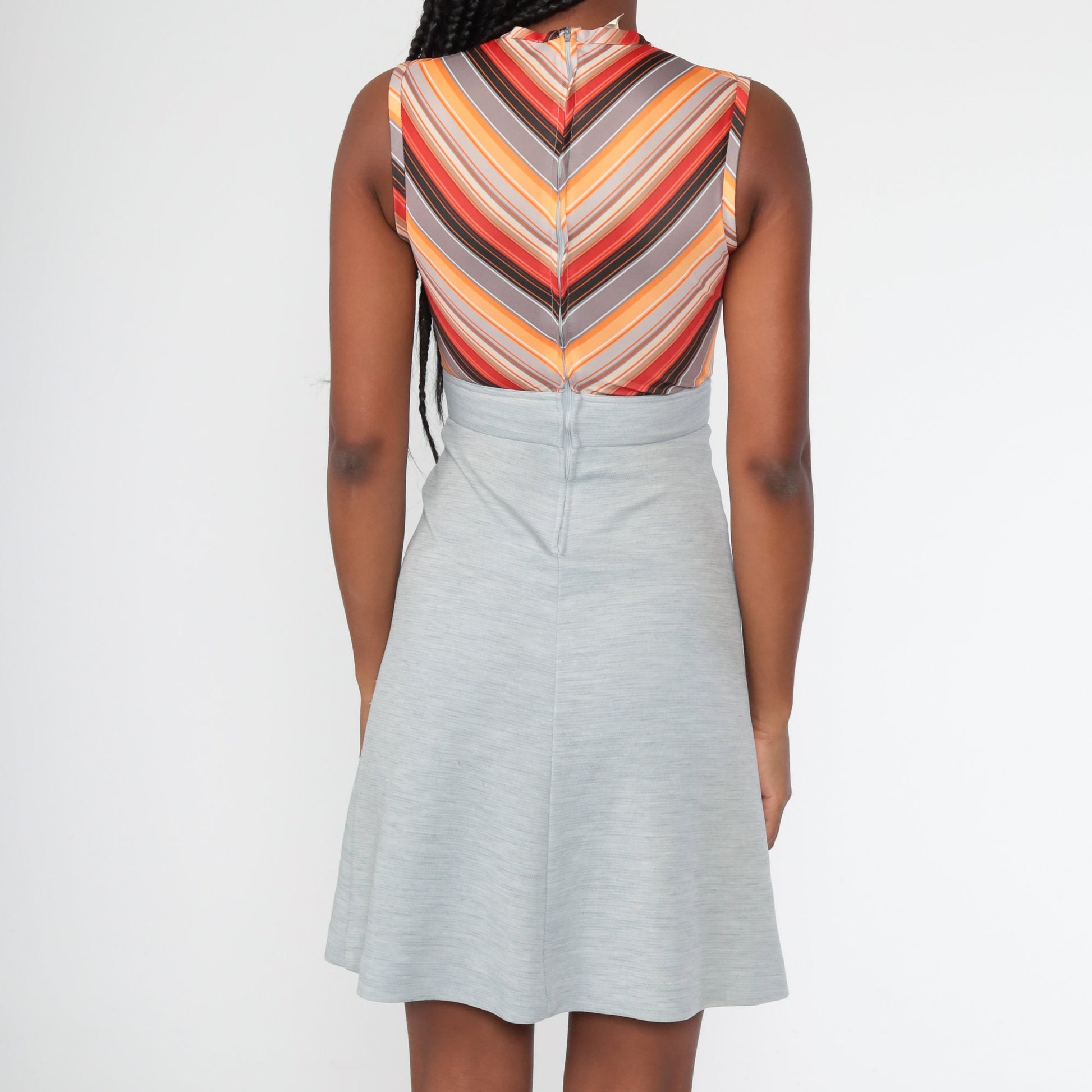70s Chevron Stripe Mini Shift Dress Empire Waist Grey Orange Extra Small