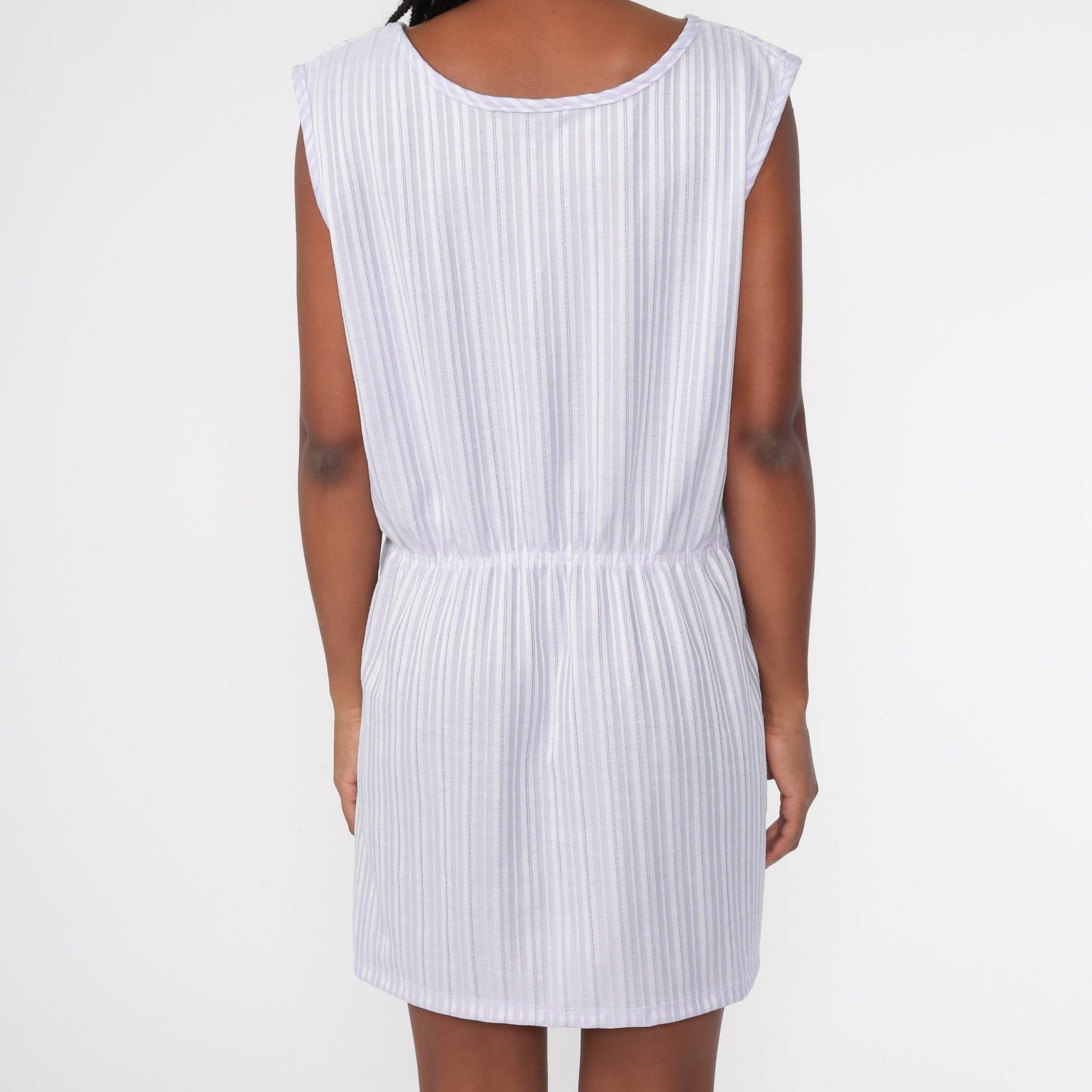 70s Lavender Striped Mini Dress High Waist Sleeveless Extra Large XL