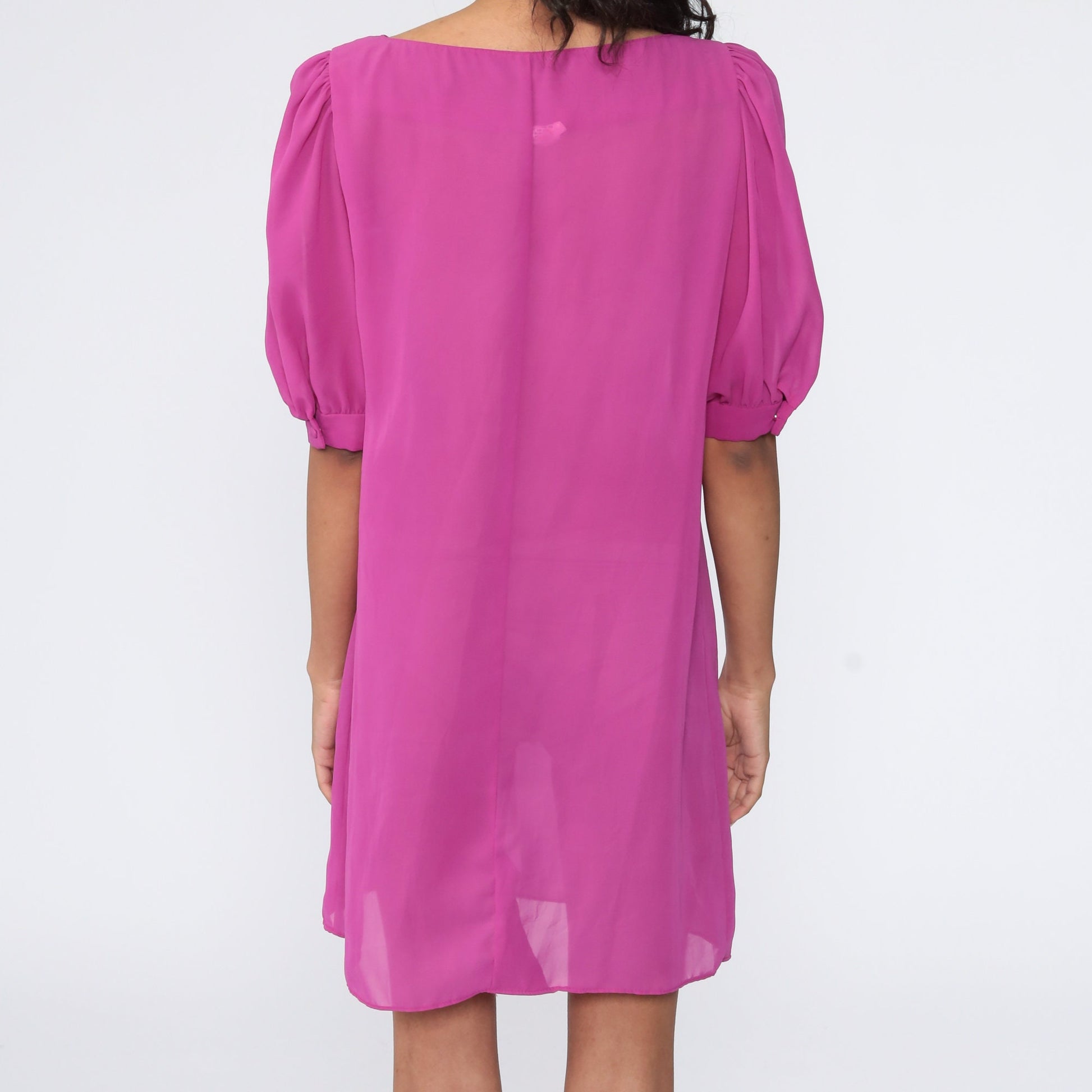 80s Purple Sheer Shift Dress Puff Sleeve Chiffon Medium