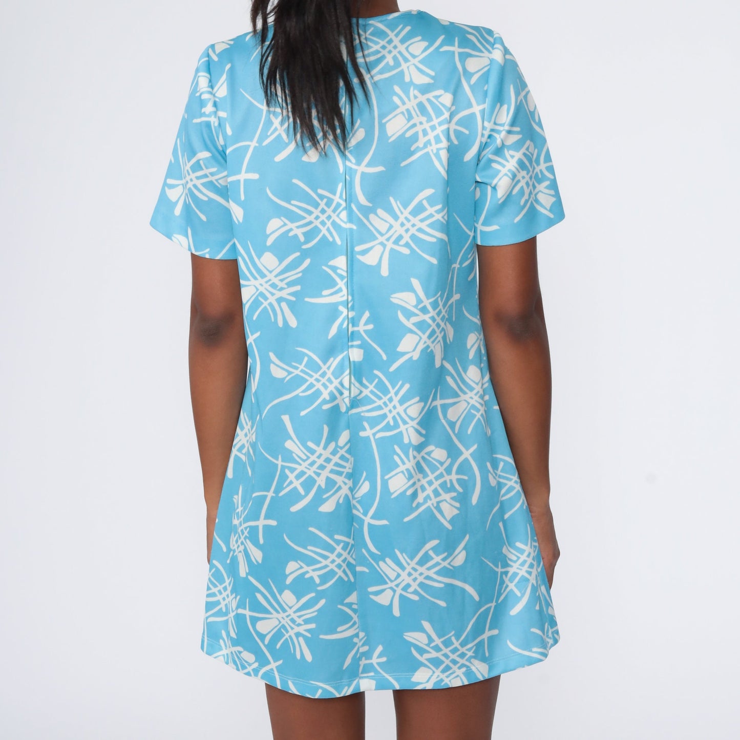 70s Abstract Print Mini Shift Dress Blue Sheath Cut Large