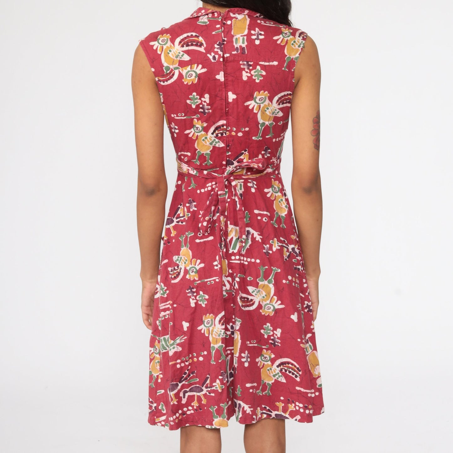 70s Batik Cat Bird Print Mini Dress Red Empire Waist Sleeveless Small