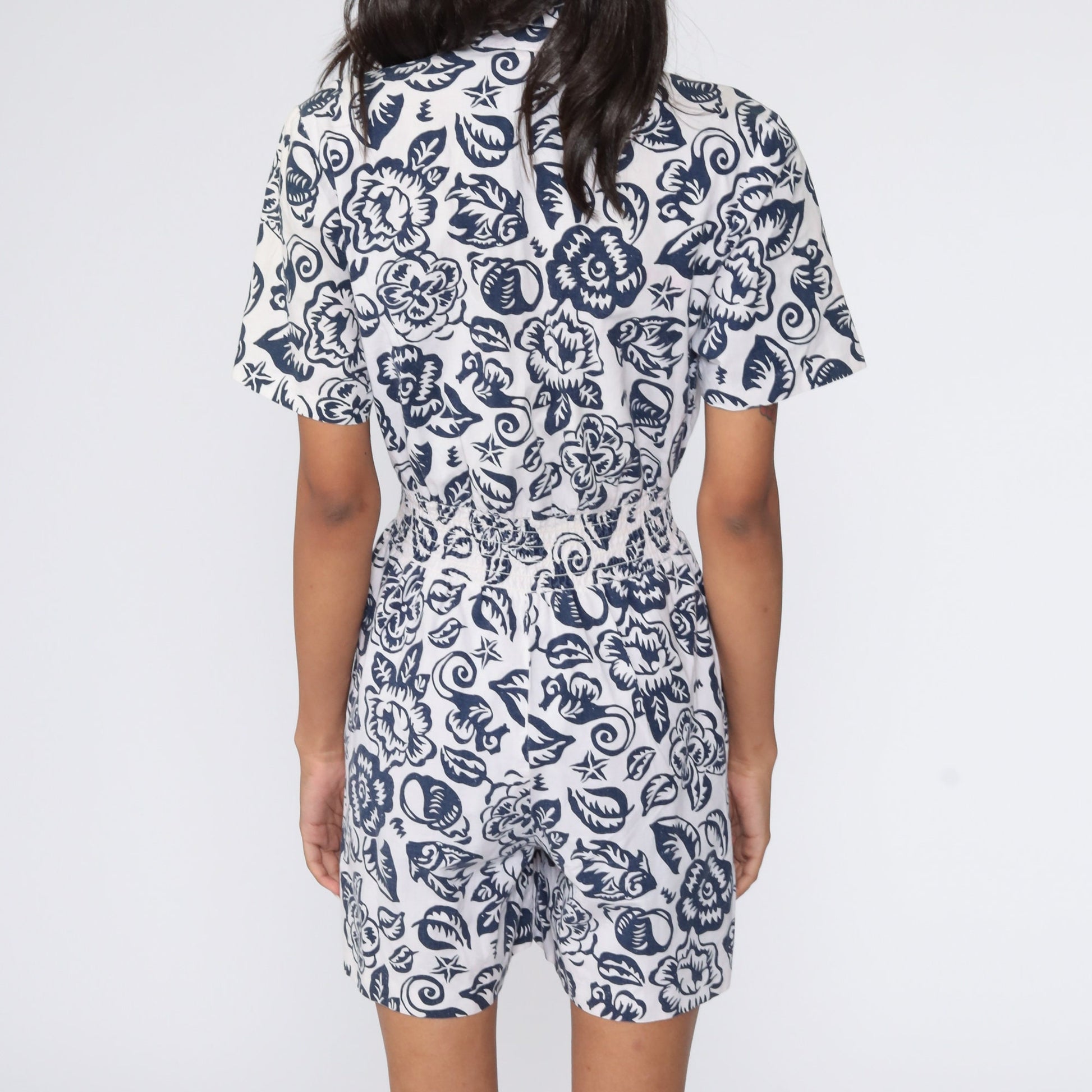 90s Floral Romper White Blue V-Neck High Waist Playsuit Small S