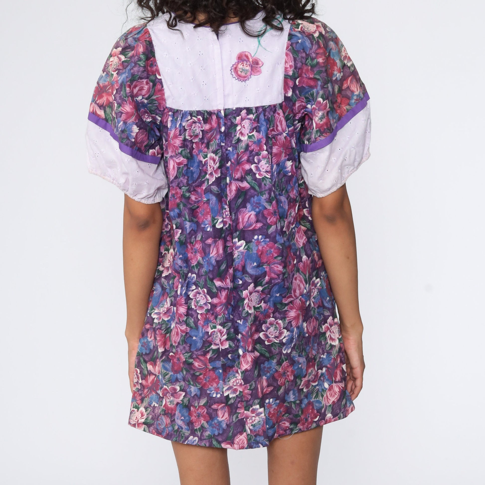 80s Floral Purple Mini Dress Eyelet Lace Tent Cut Small