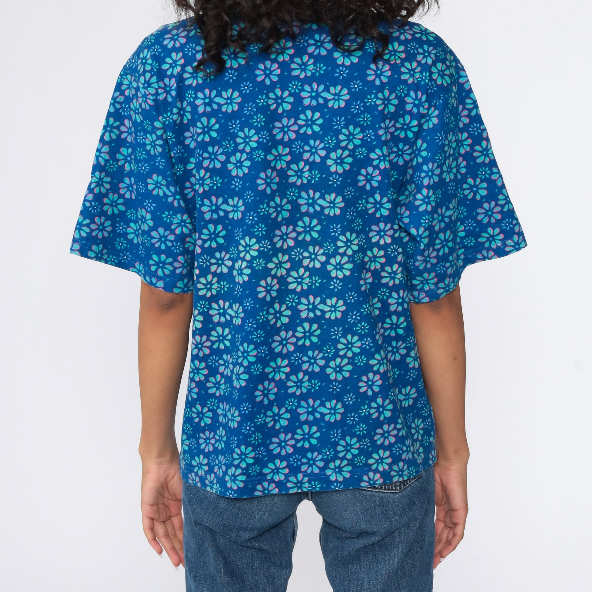 90s Floral Graphic T-Shirt Blue Flower Print Ringer Tee Medium M