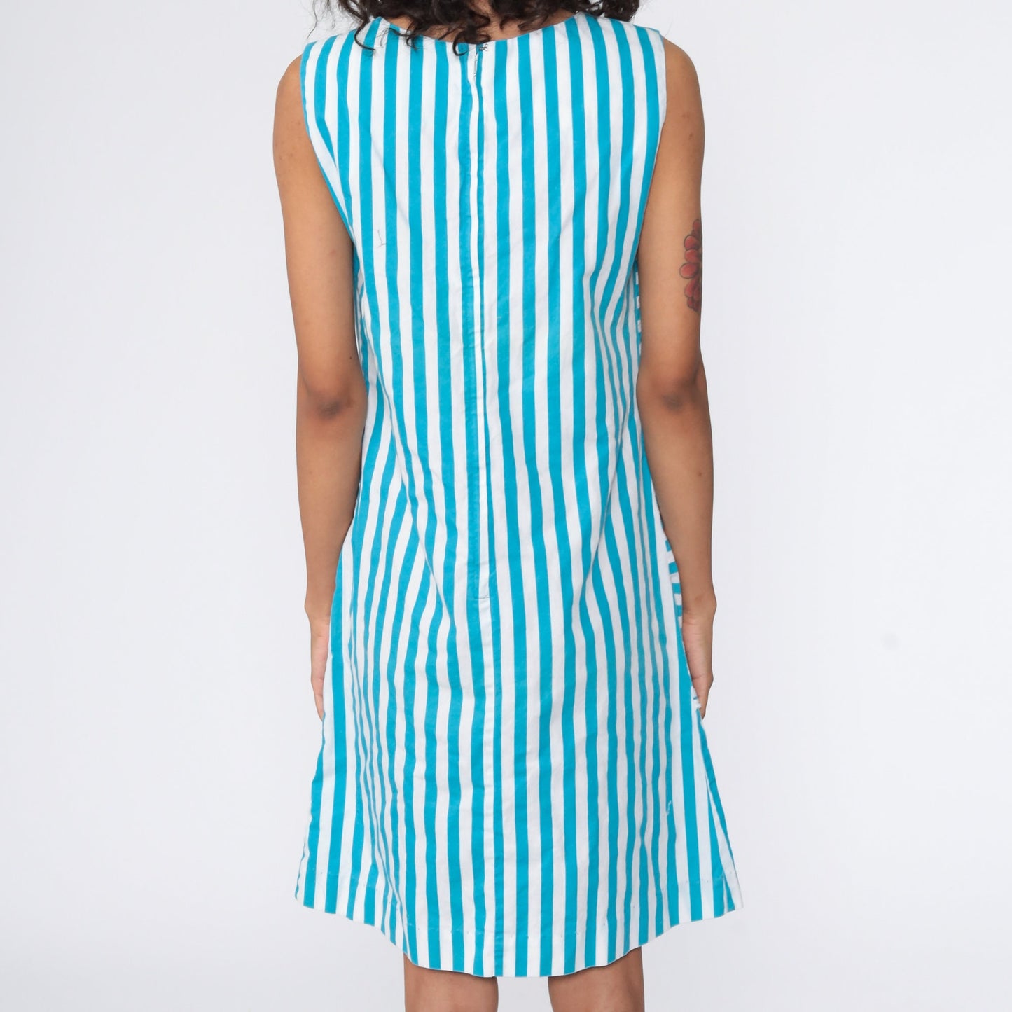 60s Floral Shift Dress Flower Pot Print Mini Blue Sleeveless Small