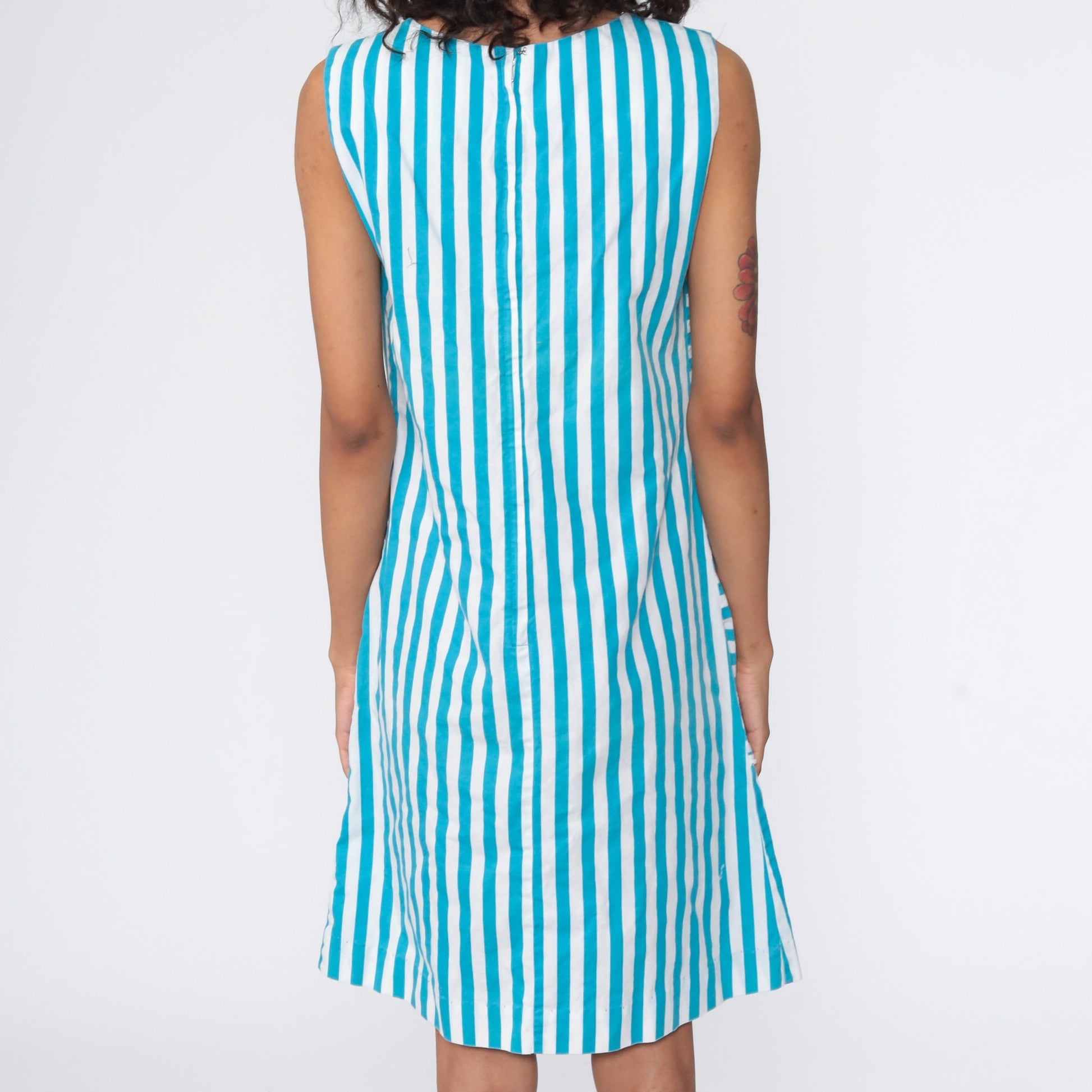 60s Floral Shift Dress Flower Pot Print Mini Blue Sleeveless Small