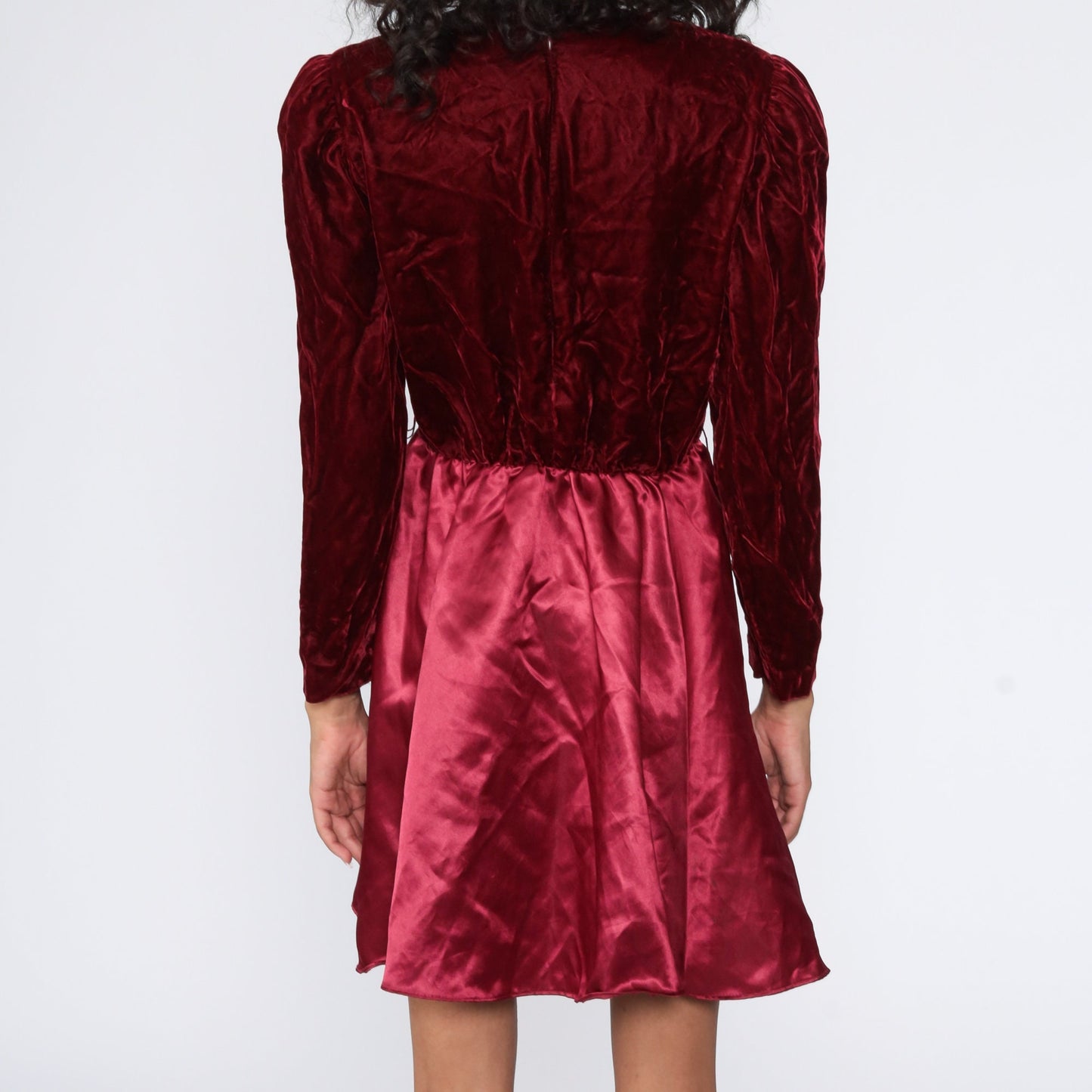 70s Red Velvet Mini Dress Puff Sleeve High Waist Party Medium