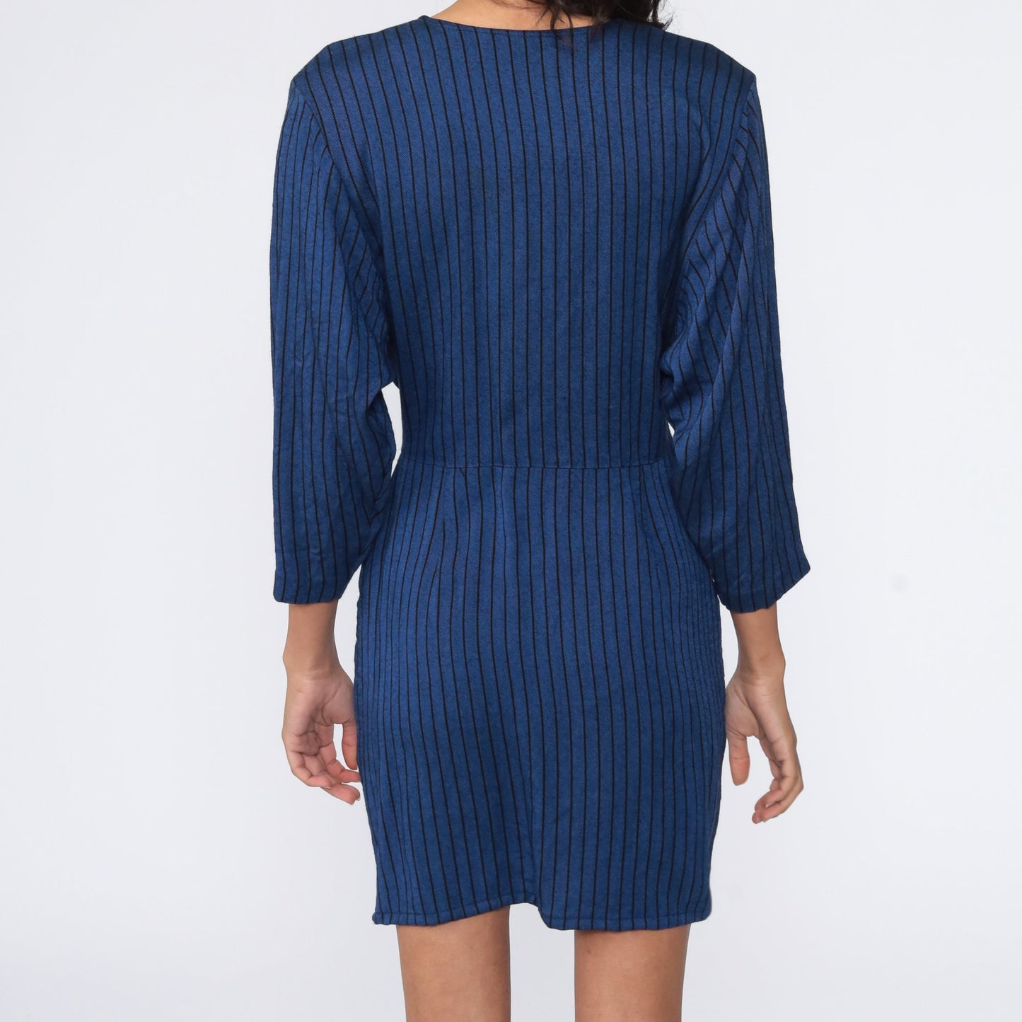 70s Blue Striped Button-Up Mini Dress High Waist Shirtdress Small S