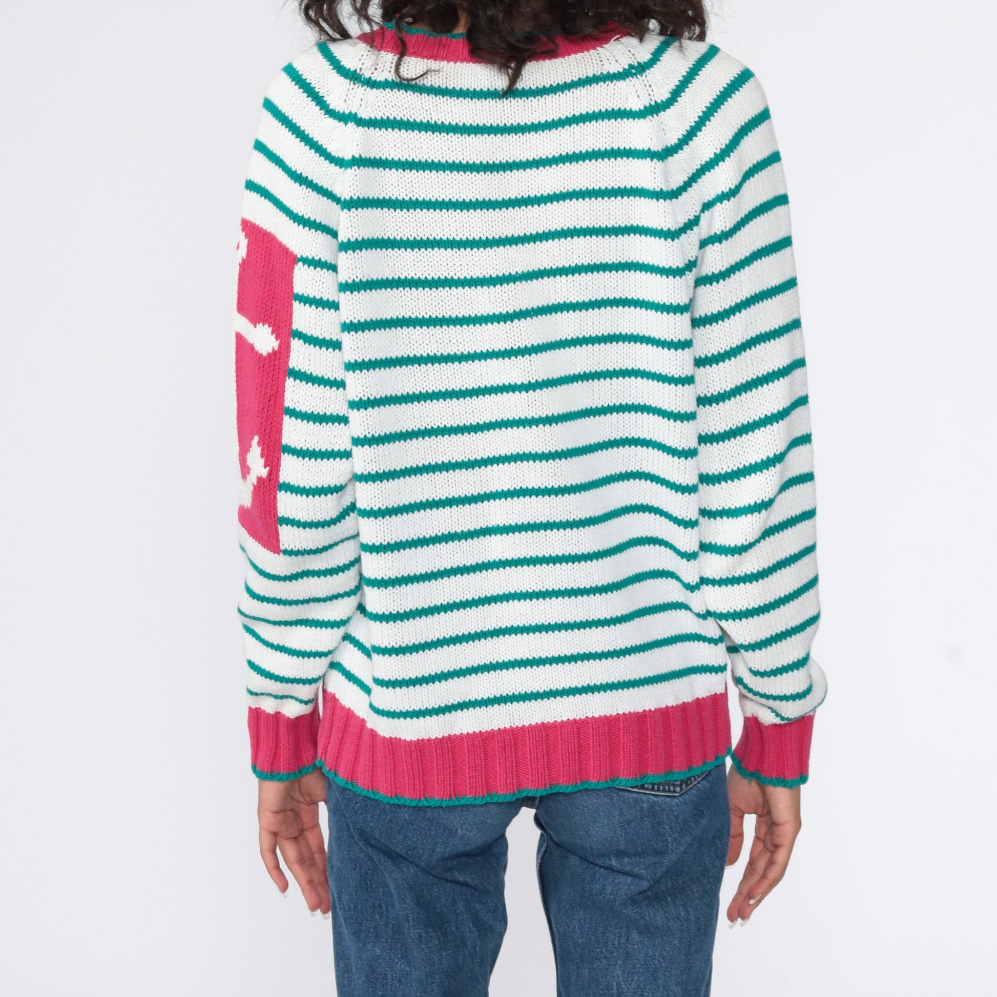 90s Nautical Anchor Striped Knit Sweater White Green Small