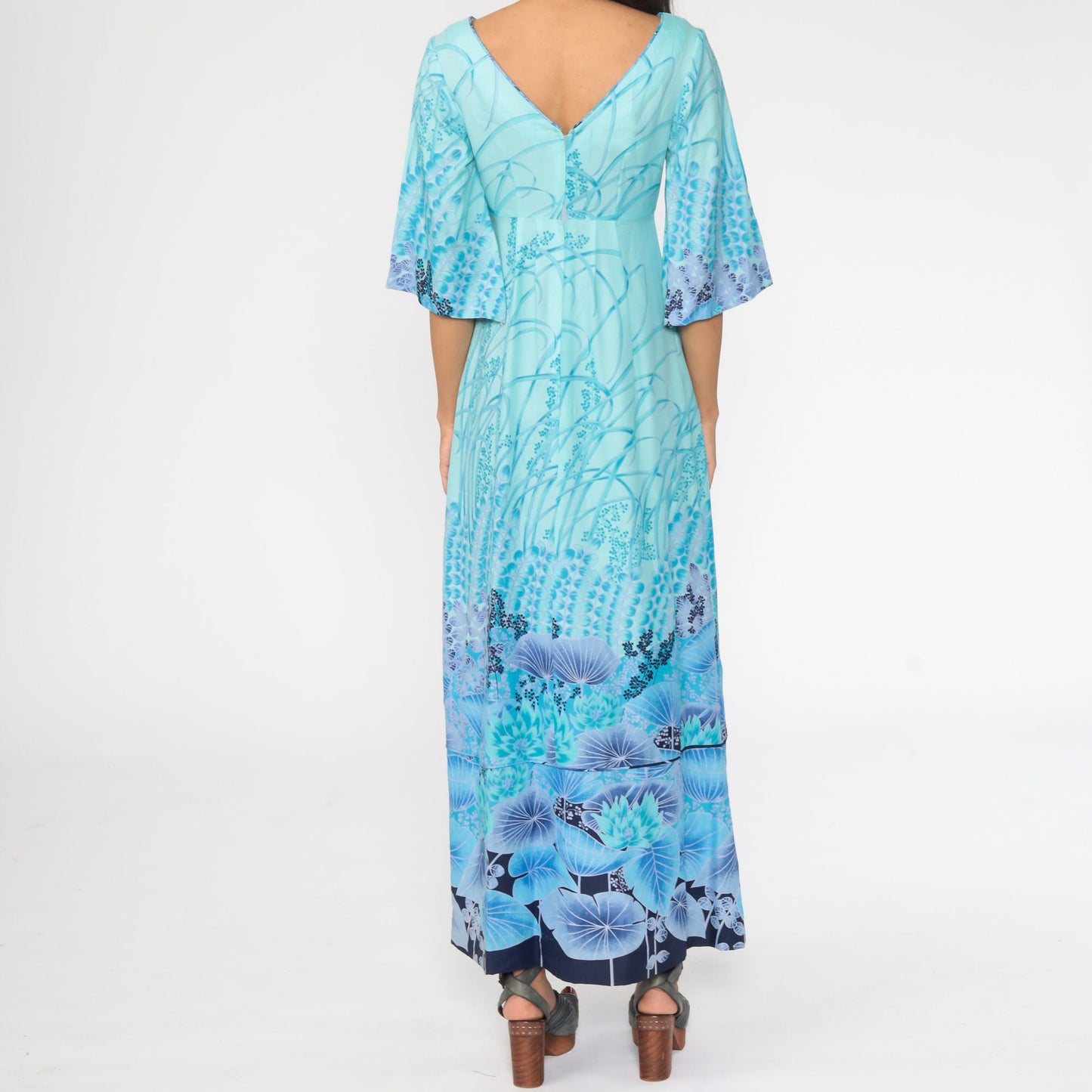 70s Blue Floral Maxi Dress Angel Sleeve Empire Waist Deep V Neck Small