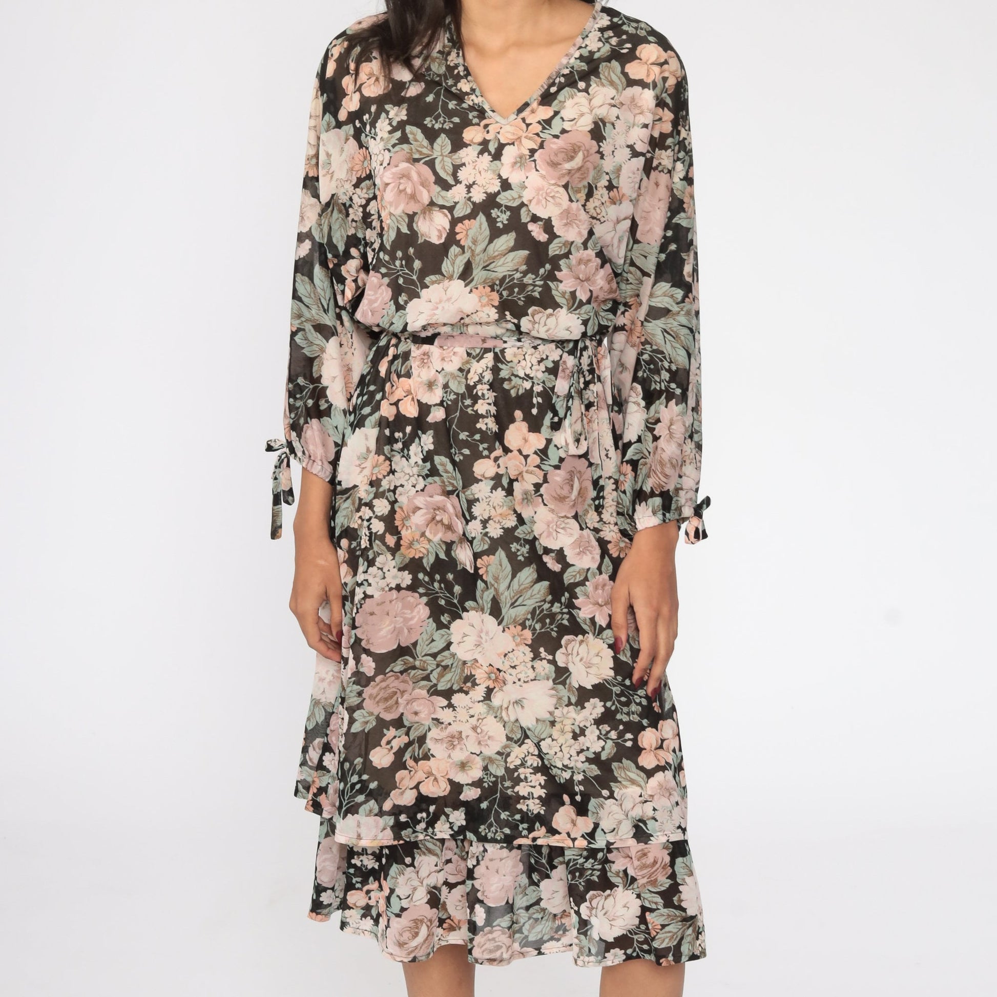 70s Black Floral Midi Dress Long Sleeve High Waist Semi-Sheer Large