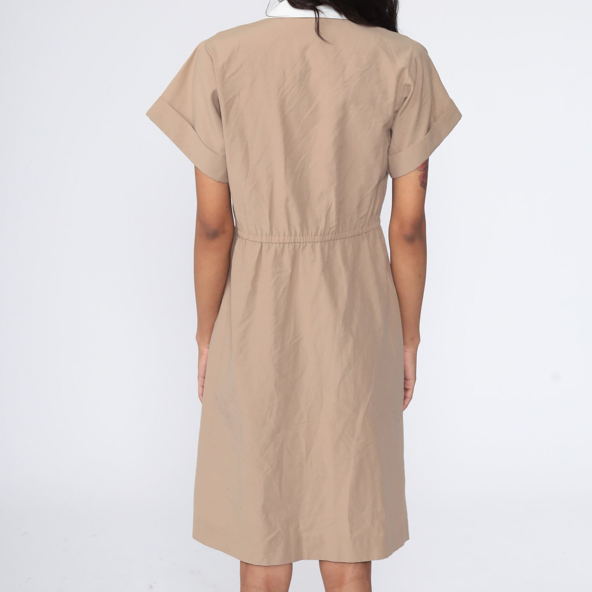 80s Khaki Shirtwaist Midi Dress High Waisted Button Up Short Sleeve Small