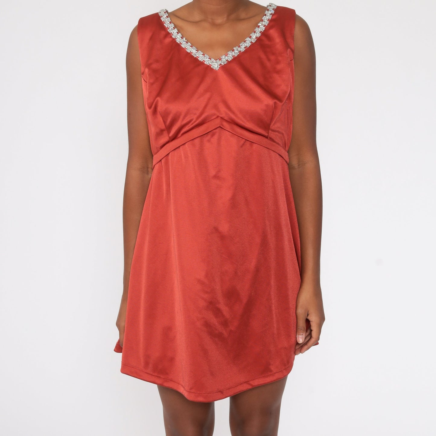 70s Rust Red Metallic Trim Empire Waist Mini Dress Sleeveless Large
