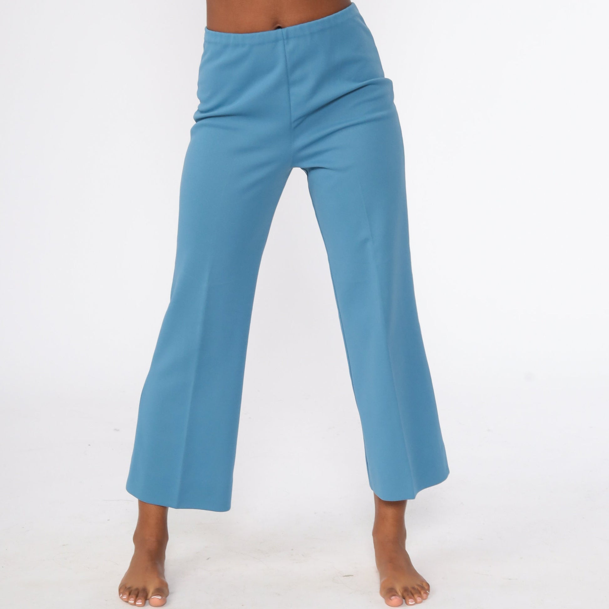 70s Blue Polyester High-Waist Bell Bottom Trousers Extra Small