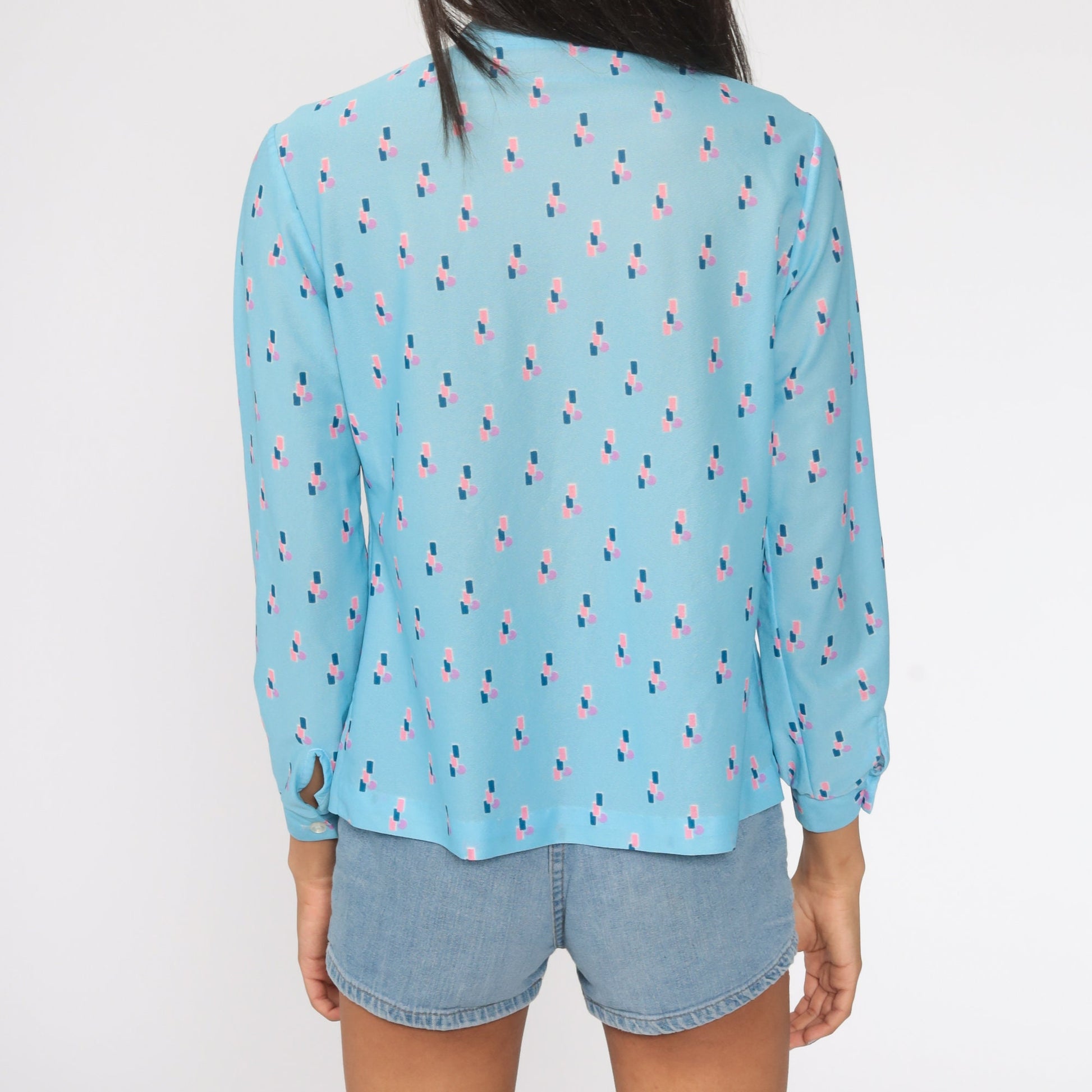 70s-80s Baby Blue Ascot Blouse Long Sleeve Button Up Secretary Shirt Medium