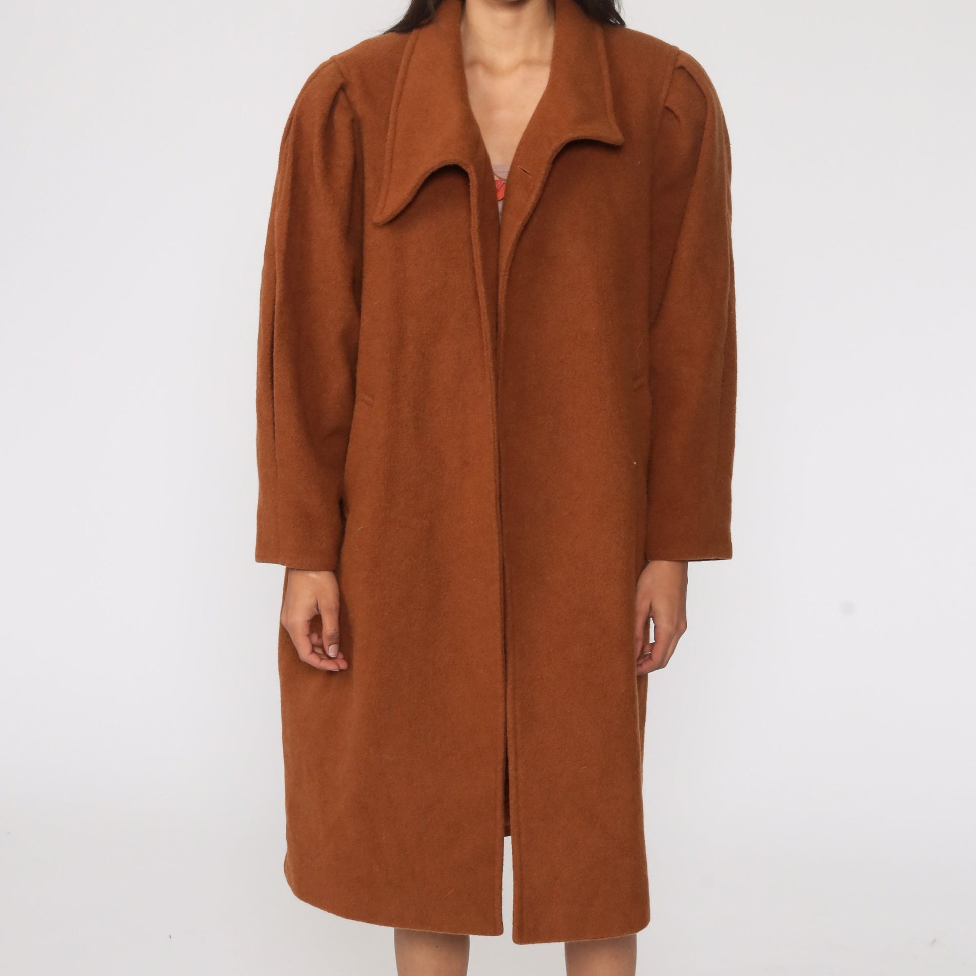 80s Brown Wool Coat Puff Sleeve Single Button Neck Extra Large