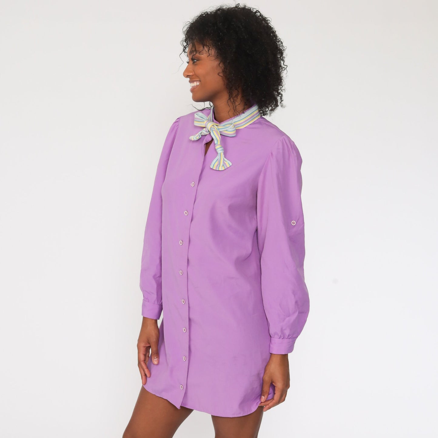 70s Purple Ascot Shift Mini Dress Long Sleeve Button Up Small Medium