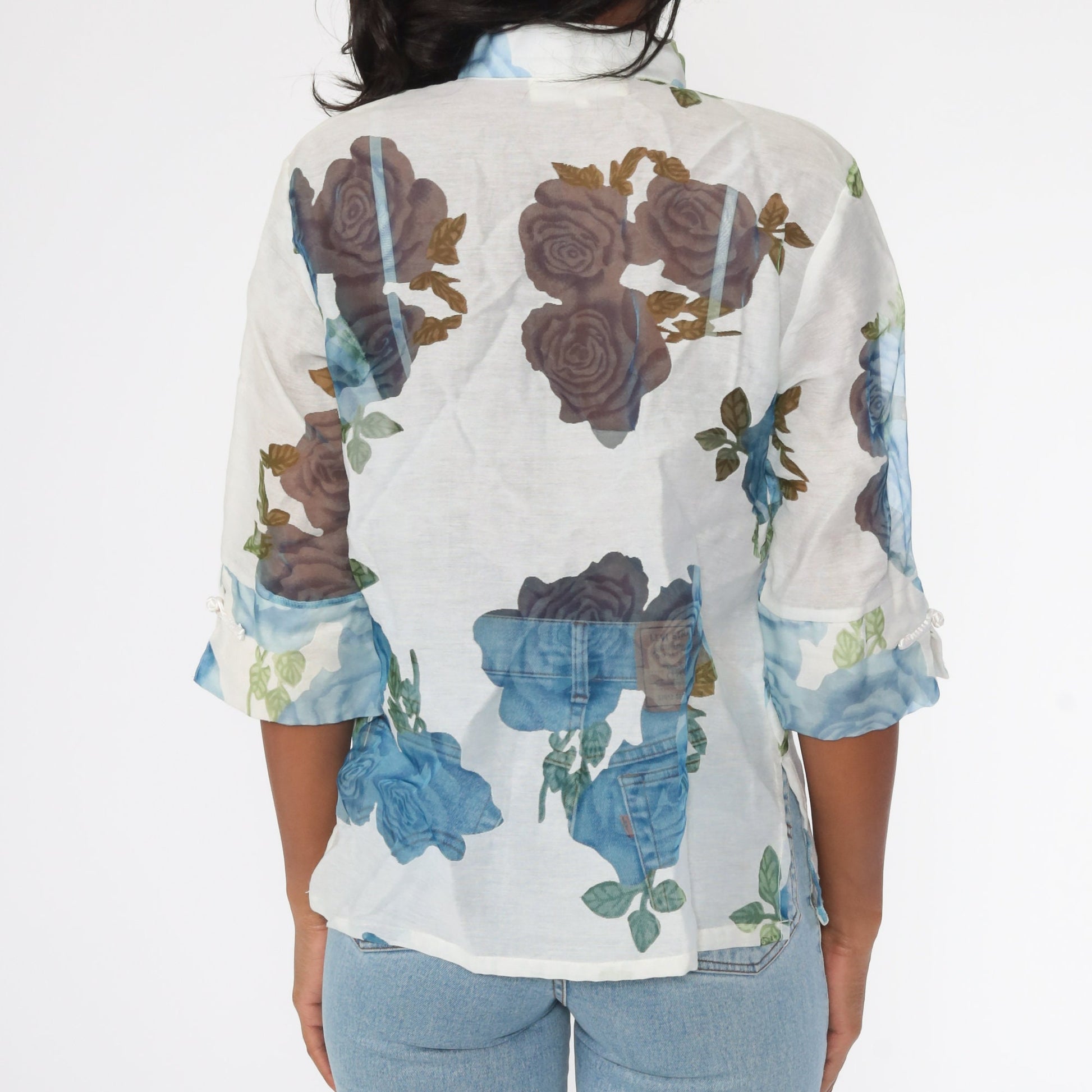 90s Floral Mandarin Collar Blouse White Button-Up Sheer 3/4 Sleeve Medium