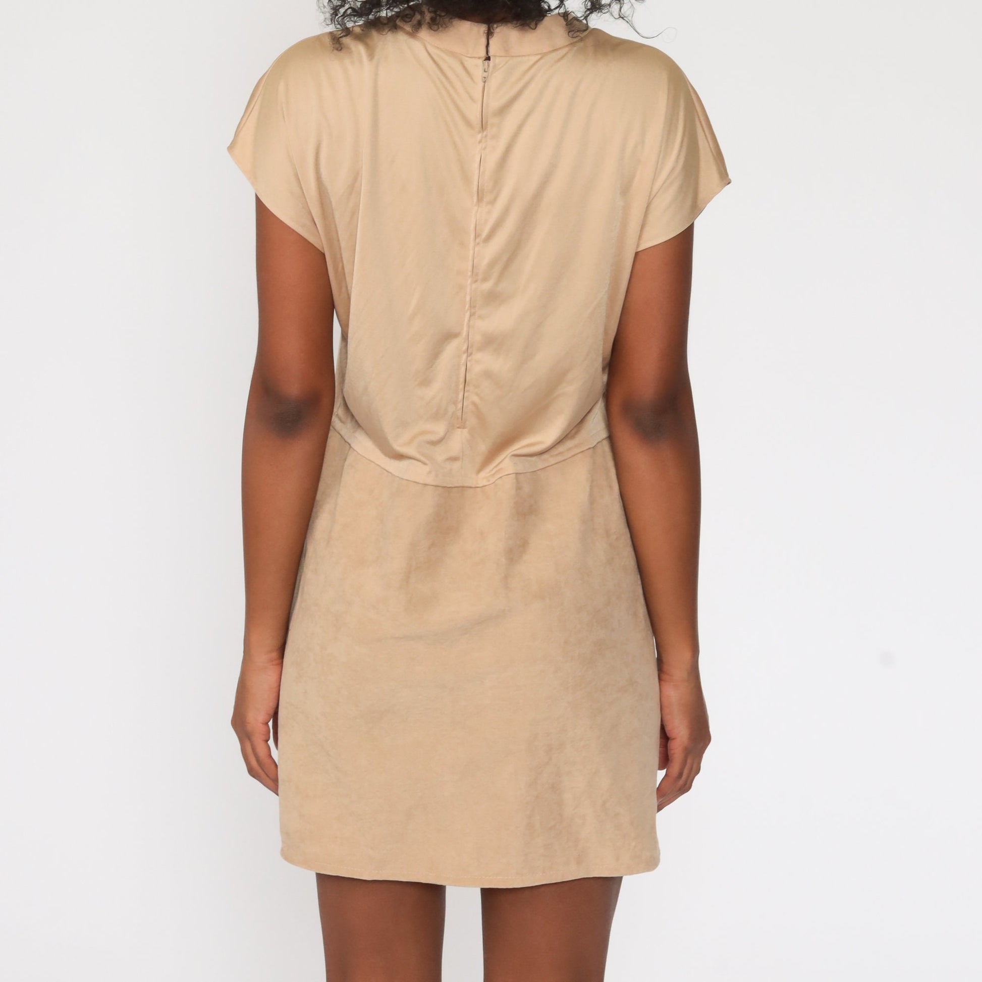 70s Tan Mini Dress V Neck Cap Sleeve High Waist Medium