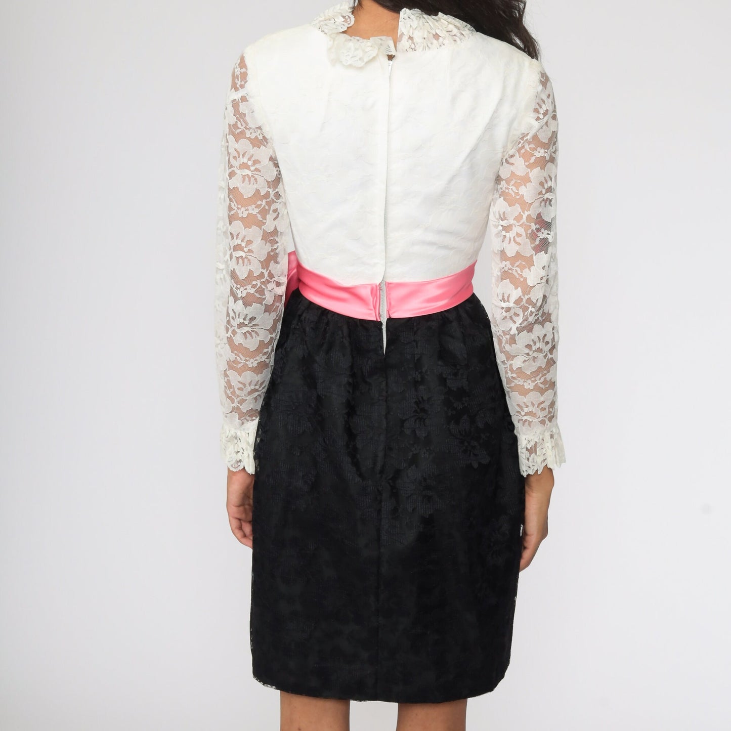 60s Black White Lace Mini Dress Pink Bow Long Sleeve Extra Small