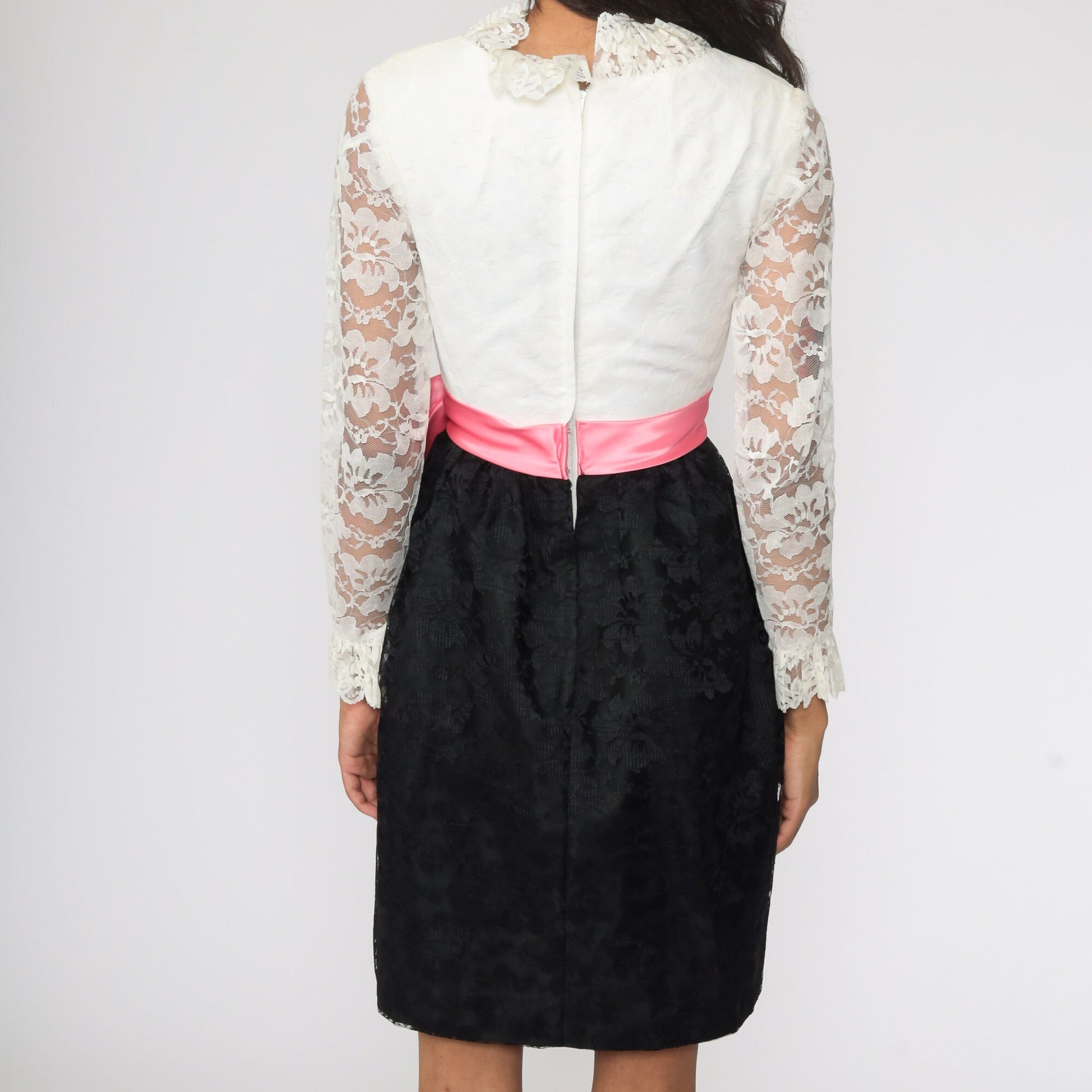 60s Black White Lace Mini Dress Pink Bow Long Sleeve Extra Small