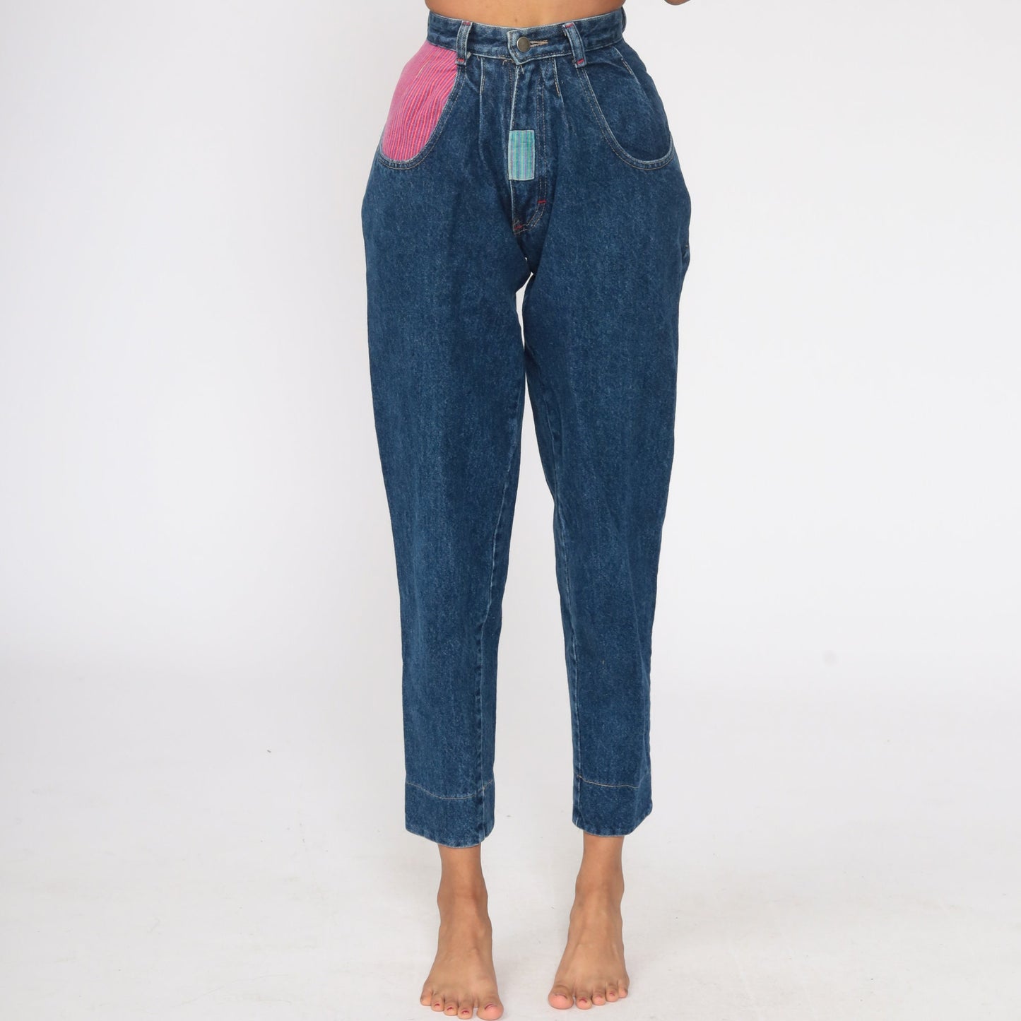 90s High Waisted Pleated Mom Jeans Blue Stone Wash Plaid Trim XXS