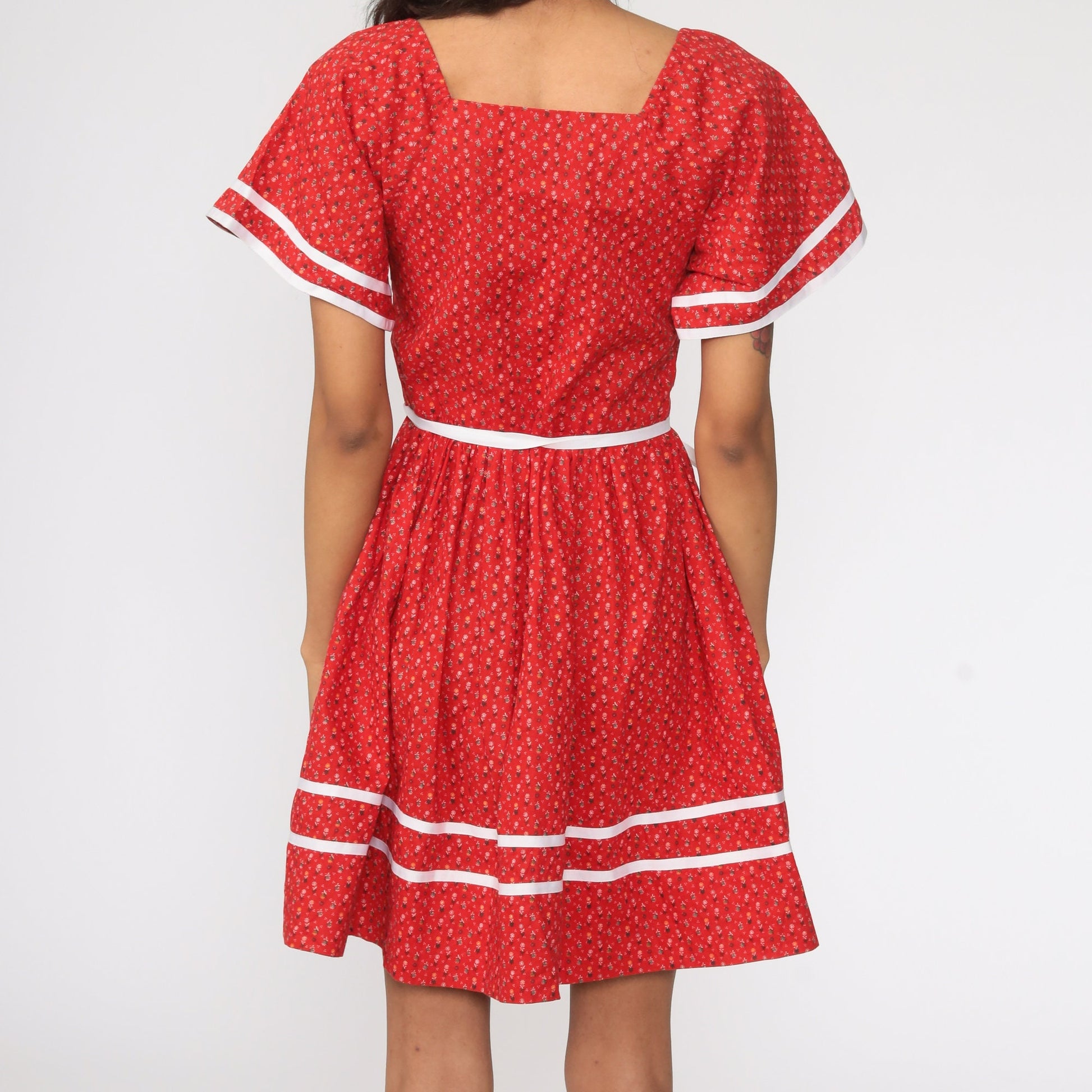 70s Red Calico Floral Mini Dress High Waist Short Sleeve Extra Small