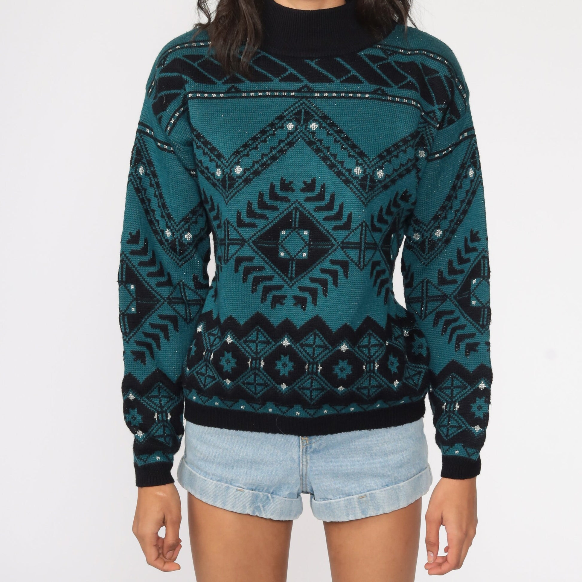70s Geometric Wool Sweater Black Teal Metallic Pullover Medium