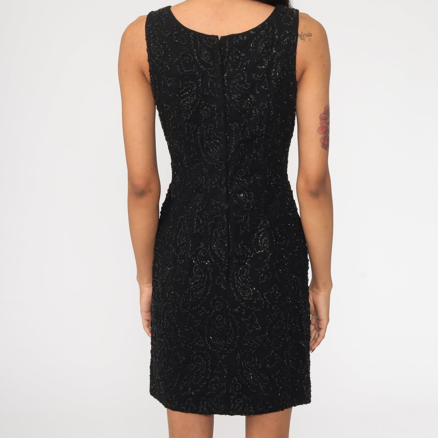60s Black Beaded Mini Dress Sheath Sleeveless Cocktail Extra Small