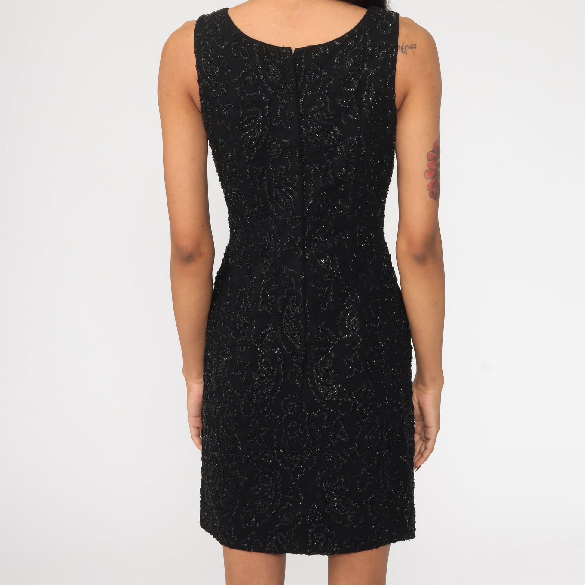60s Black Beaded Mini Dress Sheath Sleeveless Cocktail Extra Small