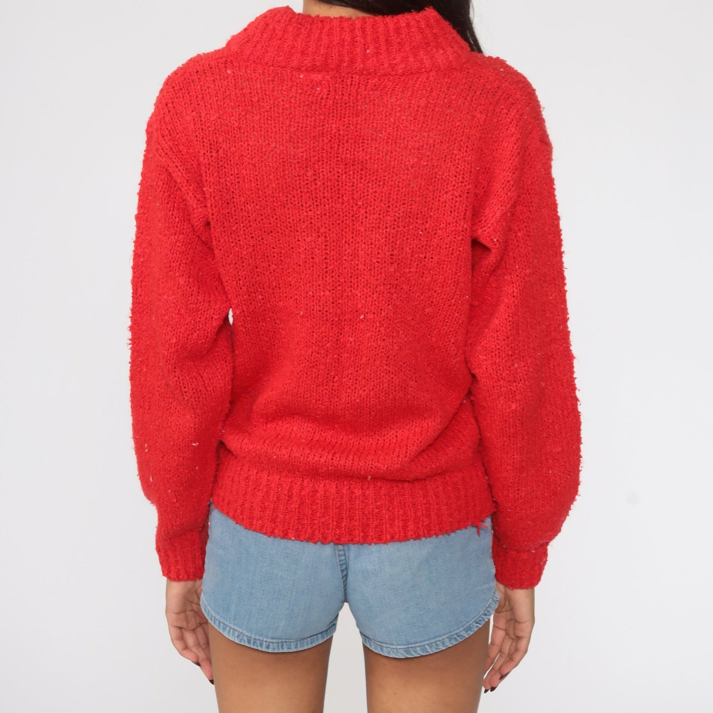 80s Red Mock Neck Knit Pullover Sweater Small Medium