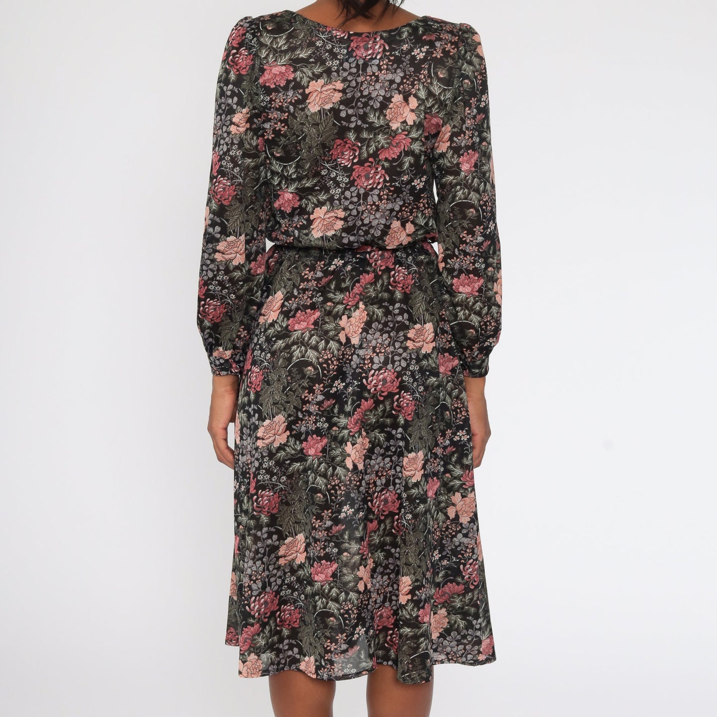 70s Floral Midi Dress Puff Sleeve Button-Up High Waist Semi-Sheer Small