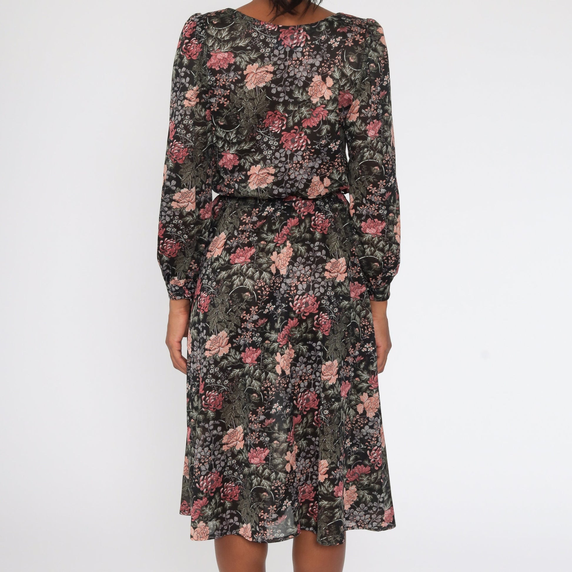 70s Floral Midi Dress Puff Sleeve Button-Up High Waist Semi-Sheer Small