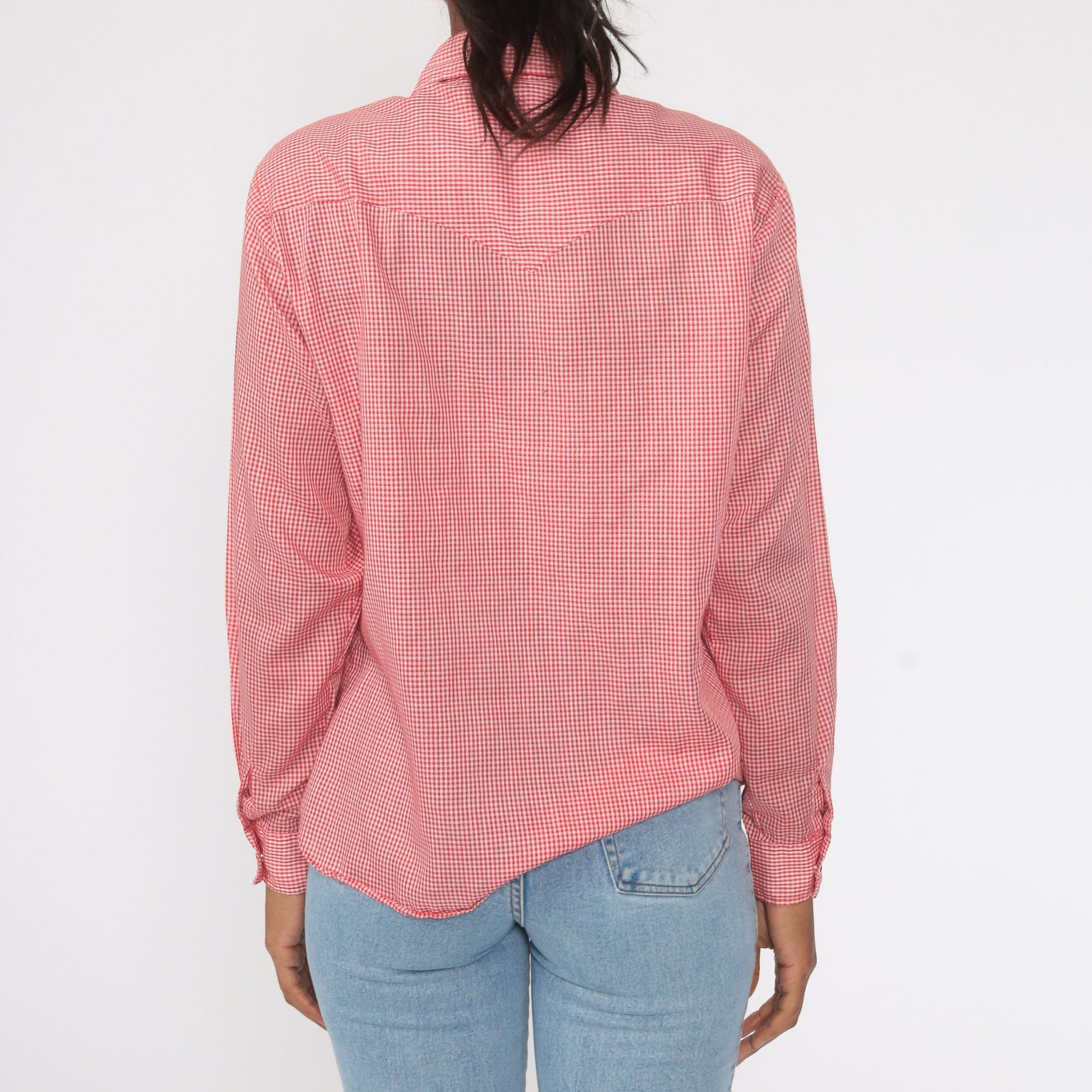 80s Red Gingham Pearl Snap Western Shirt Long Sleeve Large
