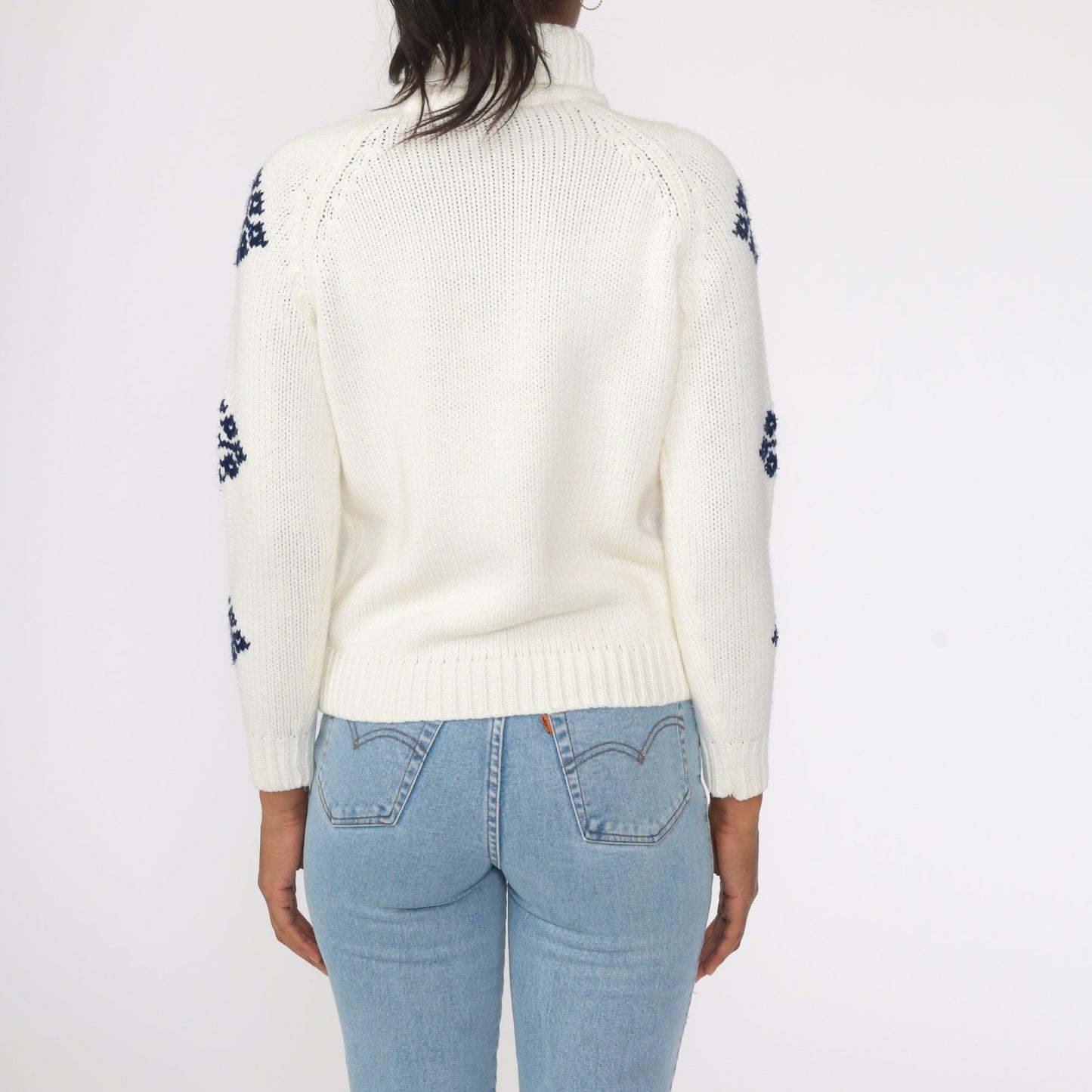 70s White Geometric Turtleneck Sweater Raglan Pullover Extra Small XS