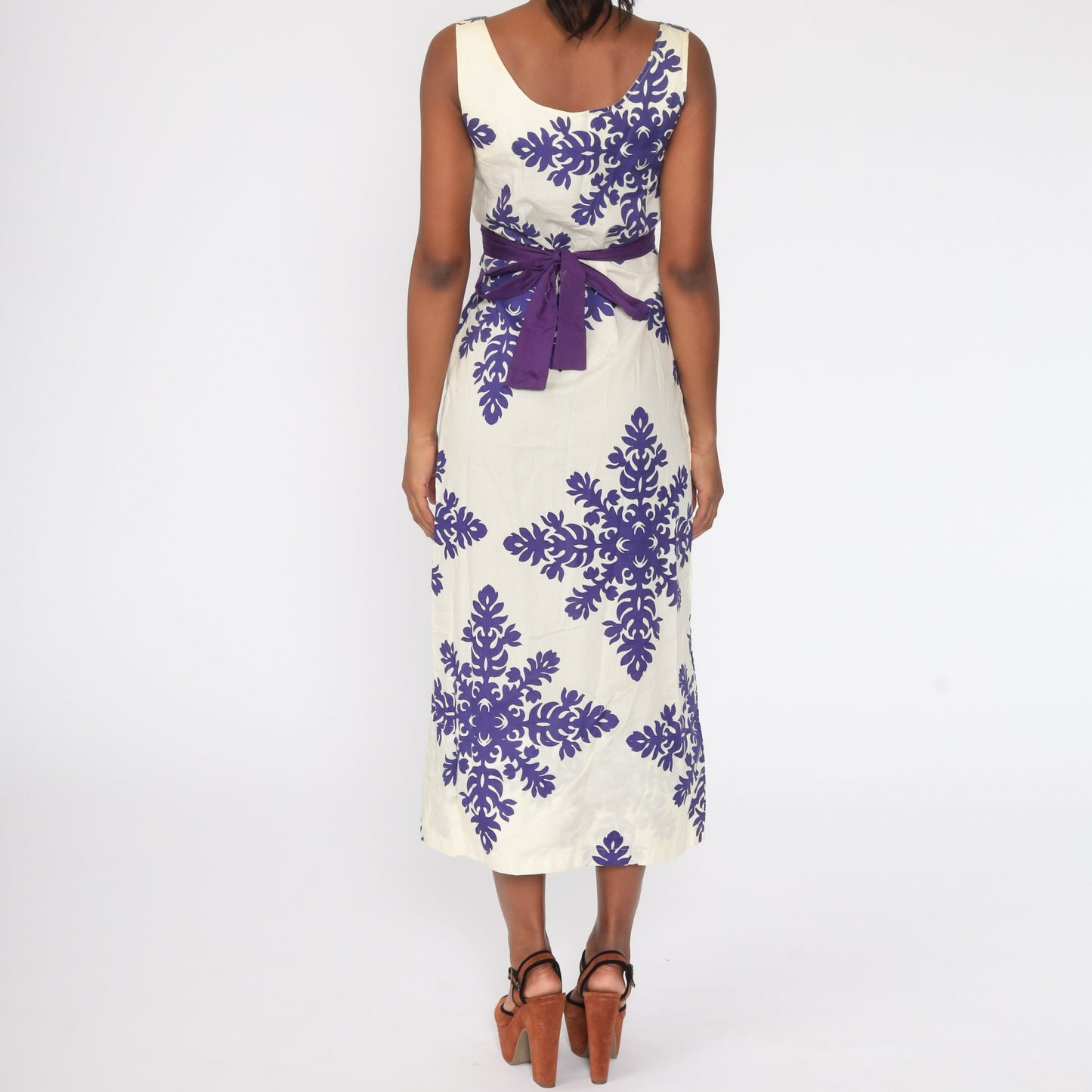70s Floral Midi Dress Empire Waist Sleeveless White Purple Extra Small
