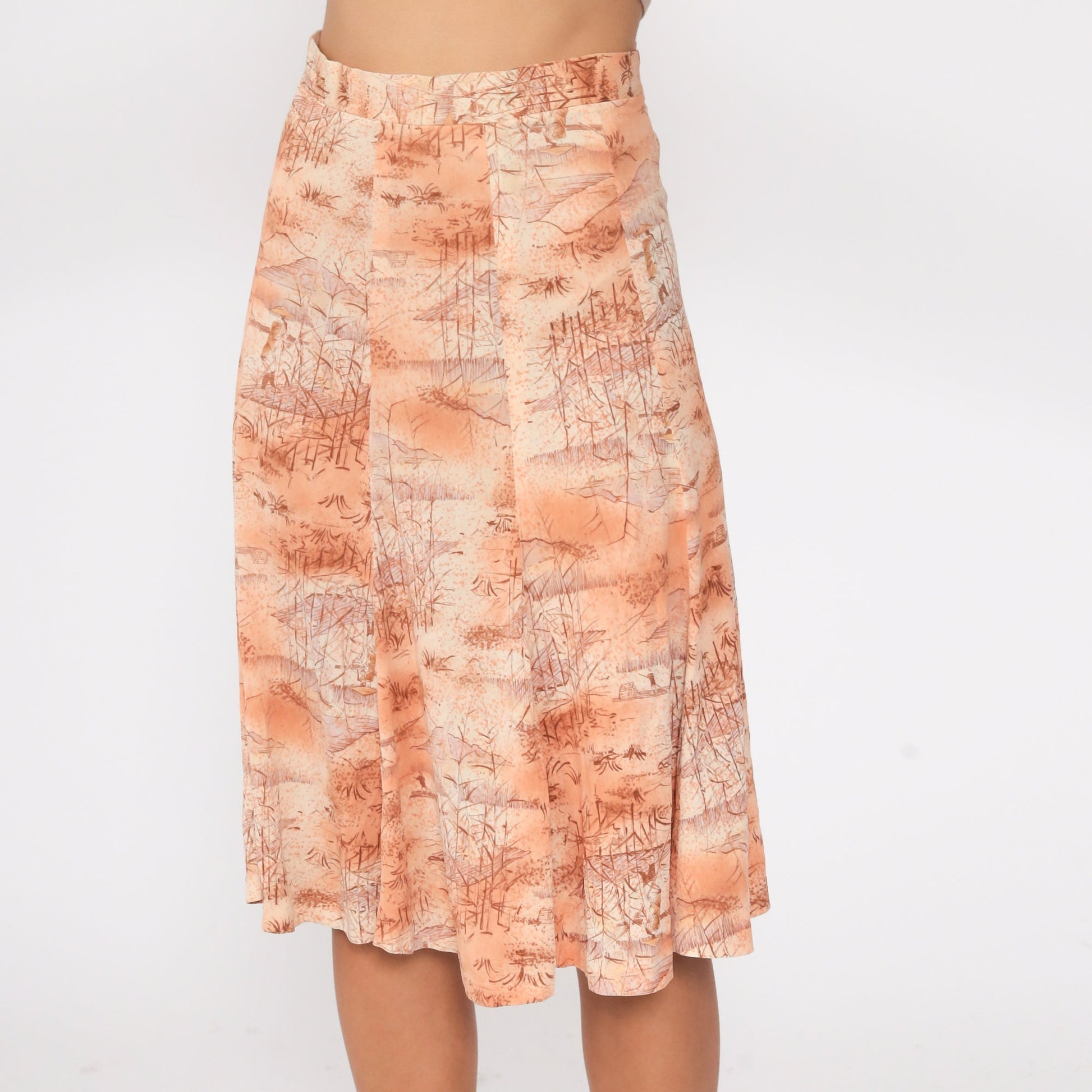 70s Asian Print Midi Skirt High Waist Orange Novelty Vintage Extra Small