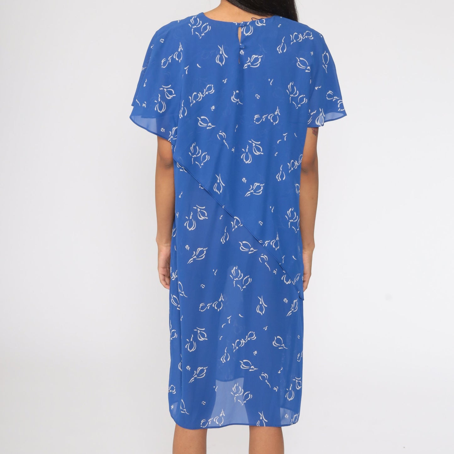 90s Floral Shift Dress Blue Flutter Sleeve Midi Semi-Sheer Medium